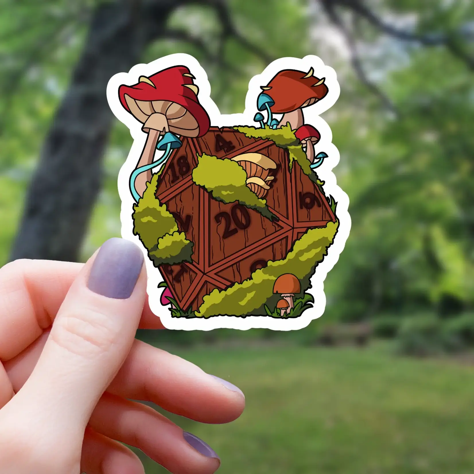 Mimic Gaming Co Sticker: Forest Mushroom D20 Polyhedral Dice - 3"