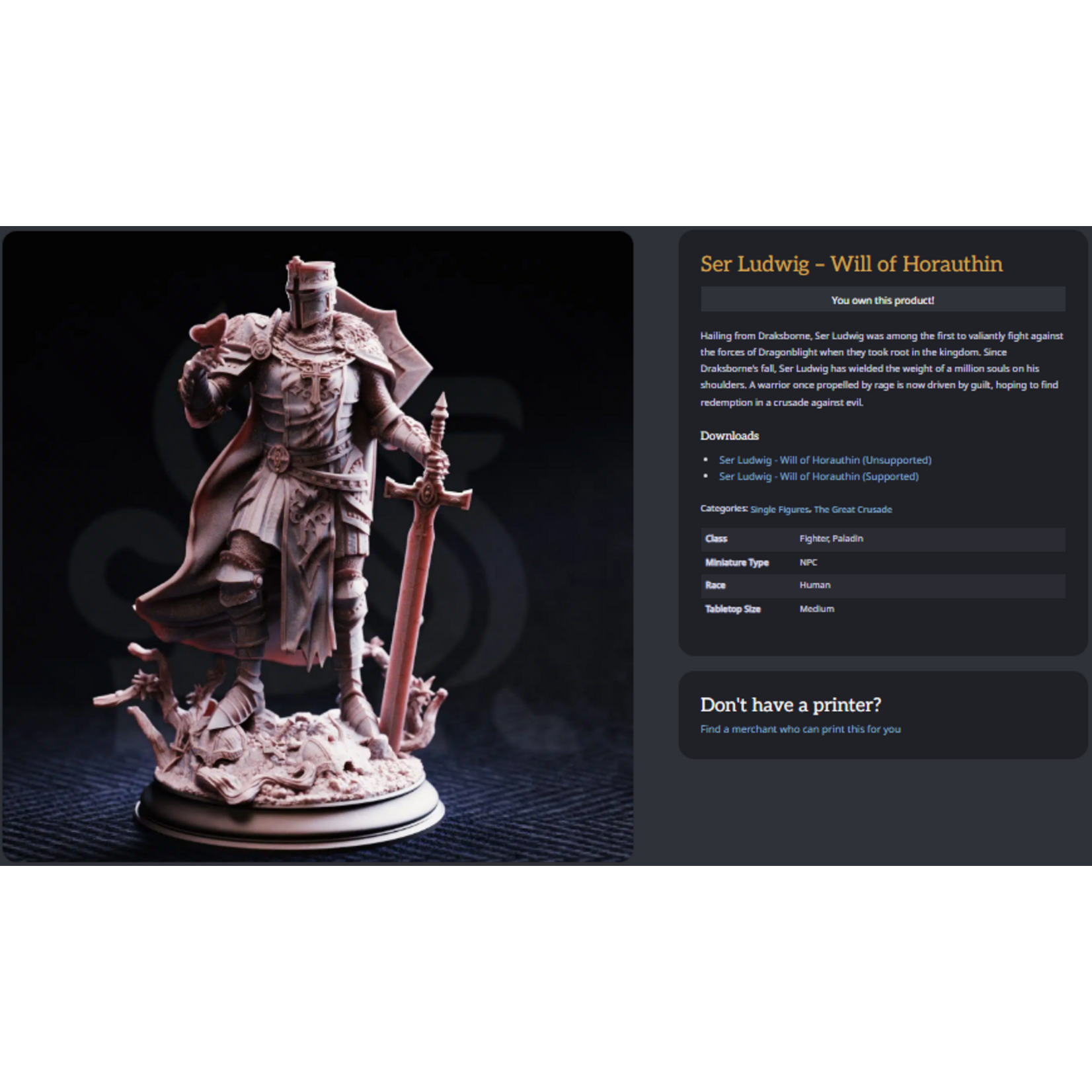 DM Stash 3D Printed Mini - Ser Ludwig - Will of Horauthin - Small