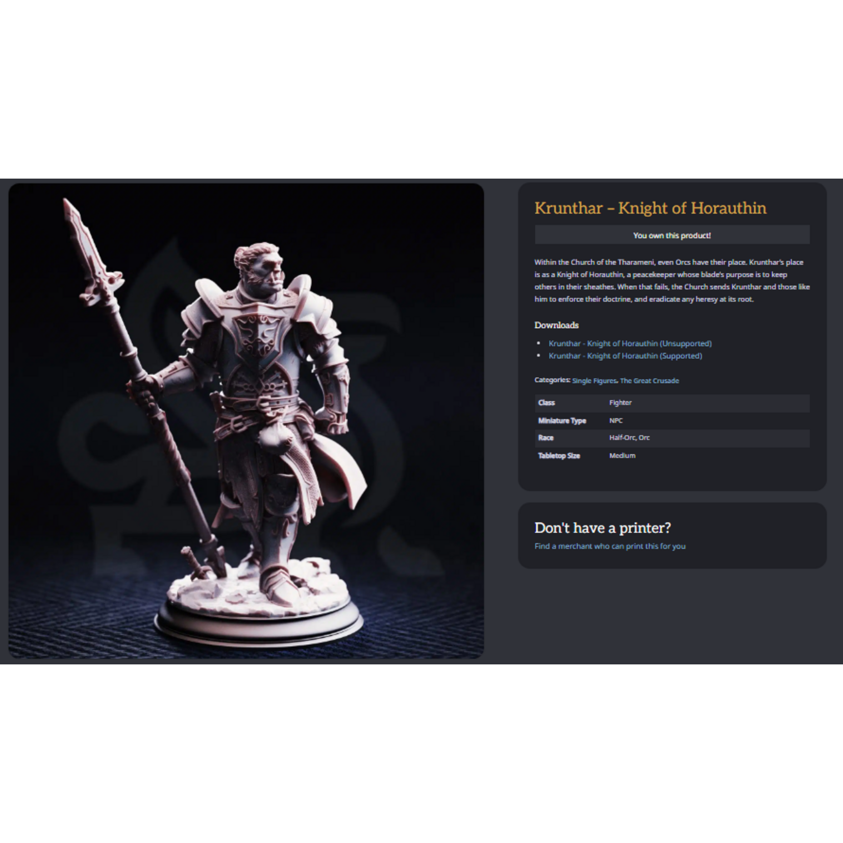 DM Stash 3D Printed Mini - Krunthar - Knight of Horauthin - Small