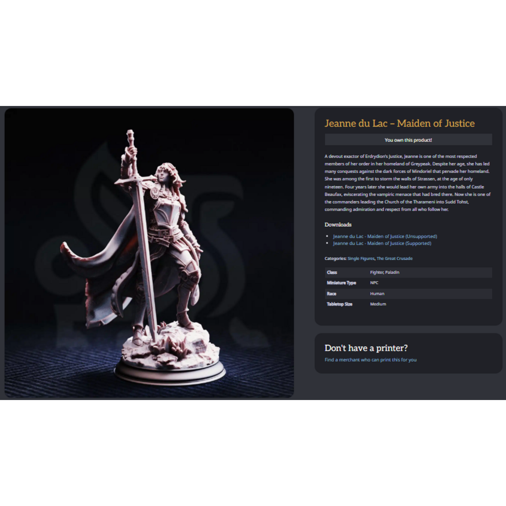 DM Stash 3D Printed Mini - Jeanne du Lac - Maiden of Justice - Small