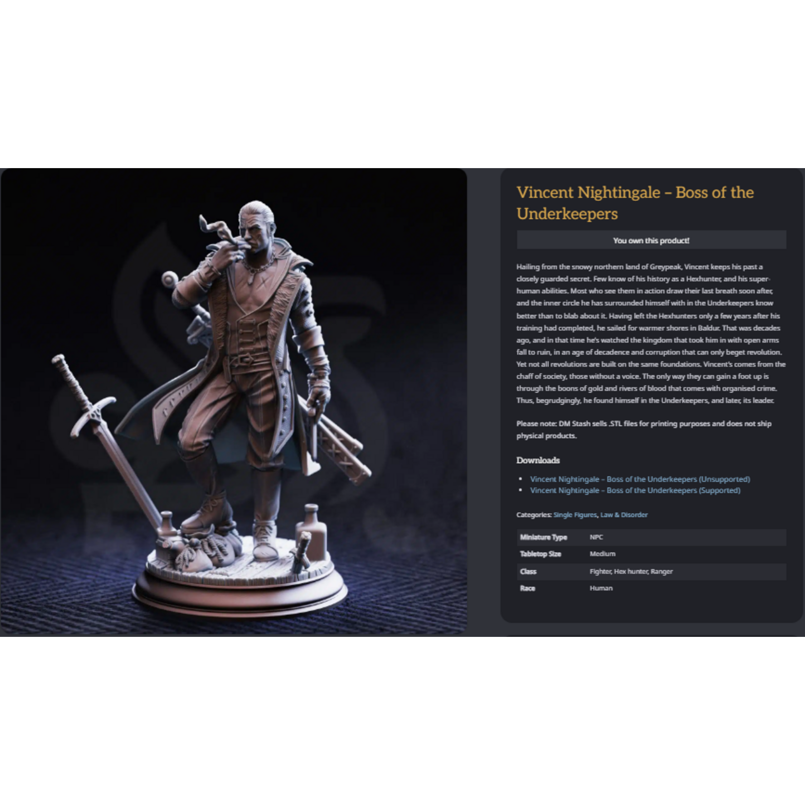 DM Stash 3D Printed Mini - Vincent Nightingale - Boss of the Underkeepers - Small