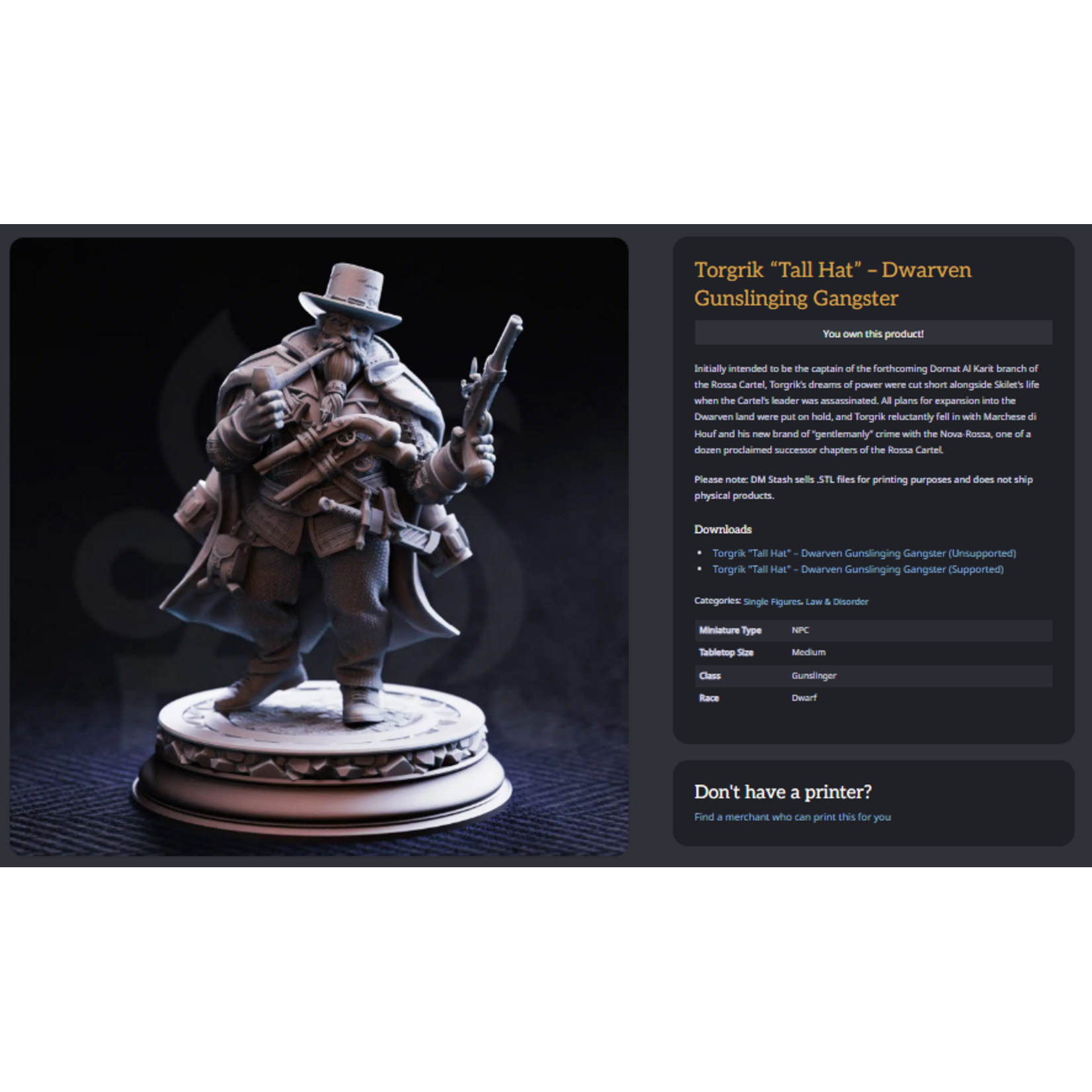 DM Stash 3D Printed Mini - Torgrik "Tall Hat" - Dwarven Gunslinging Gangster - Small