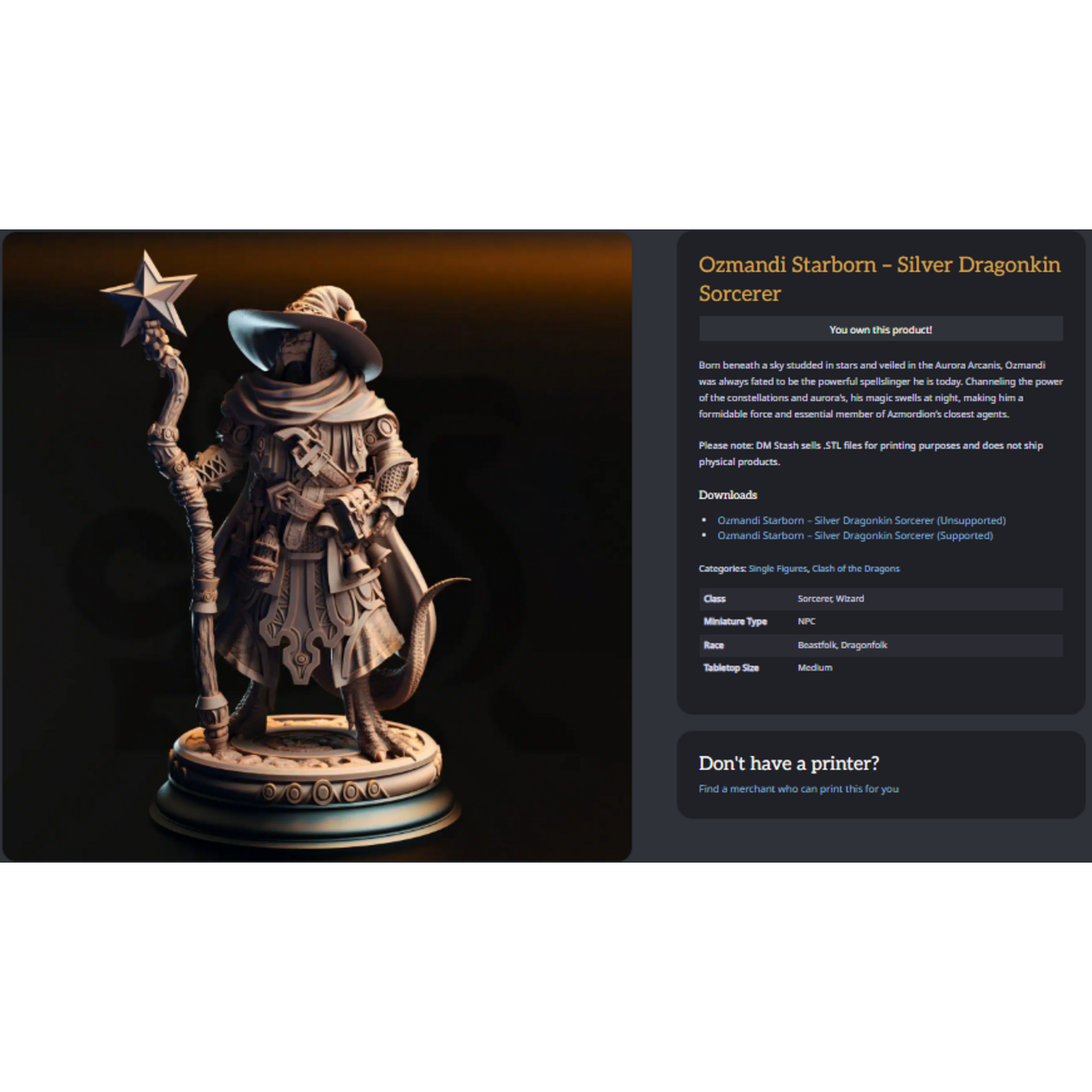 DM Stash 3D Printed Mini - Ozmandi Starborn - Silver Dragonkin Sorcerer - Small