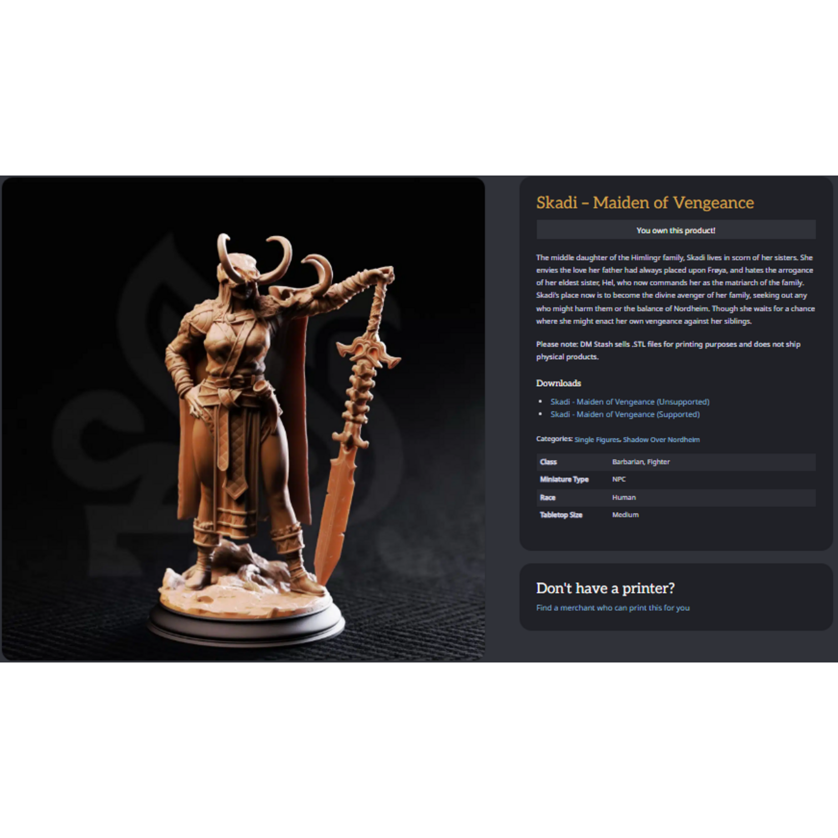 DM Stash 3D Printed Mini - Skadi - Maiden of Vengeance - Medium