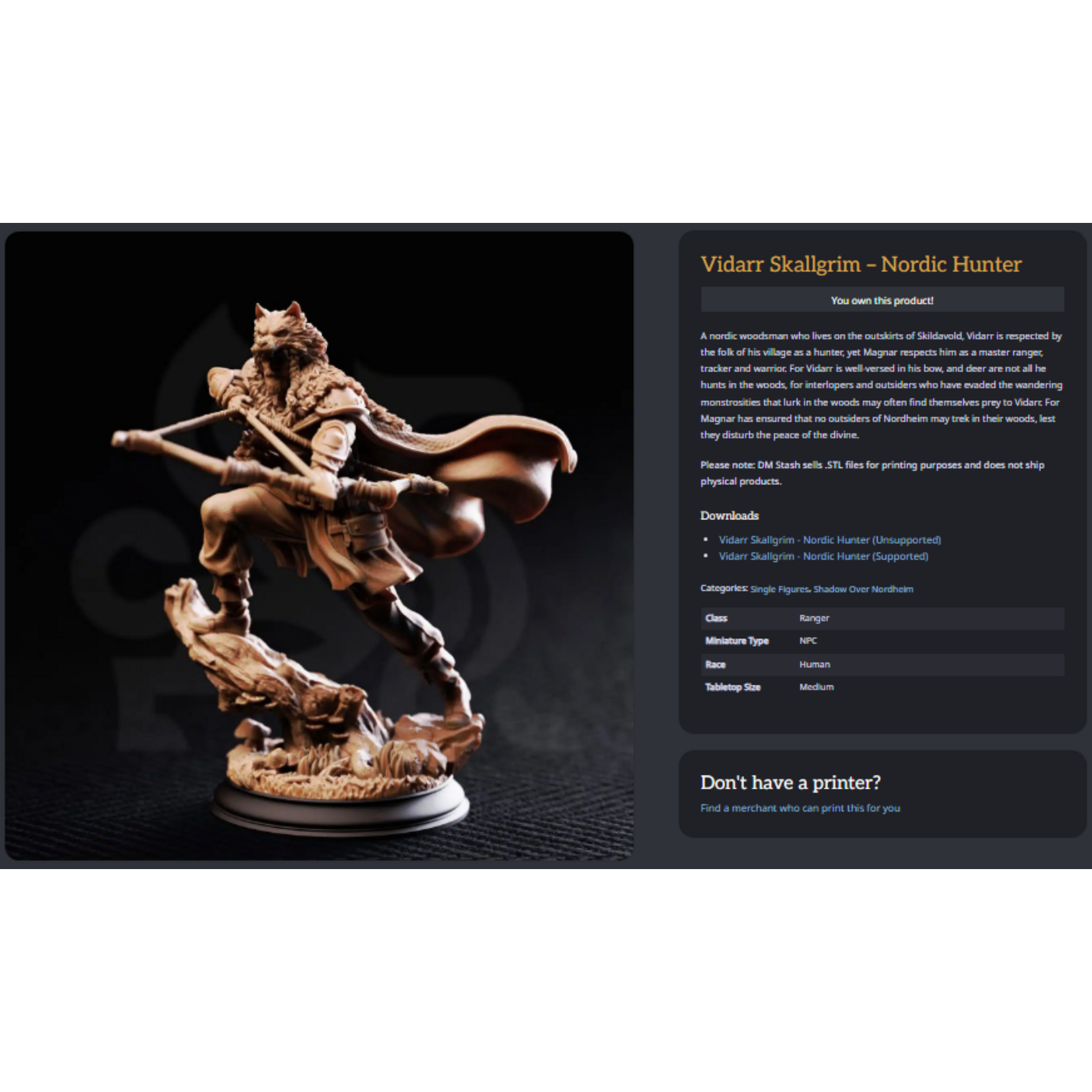 DM Stash 3D Printed Mini - Vidarr Skallgrim - Nordic Hunter - Medium