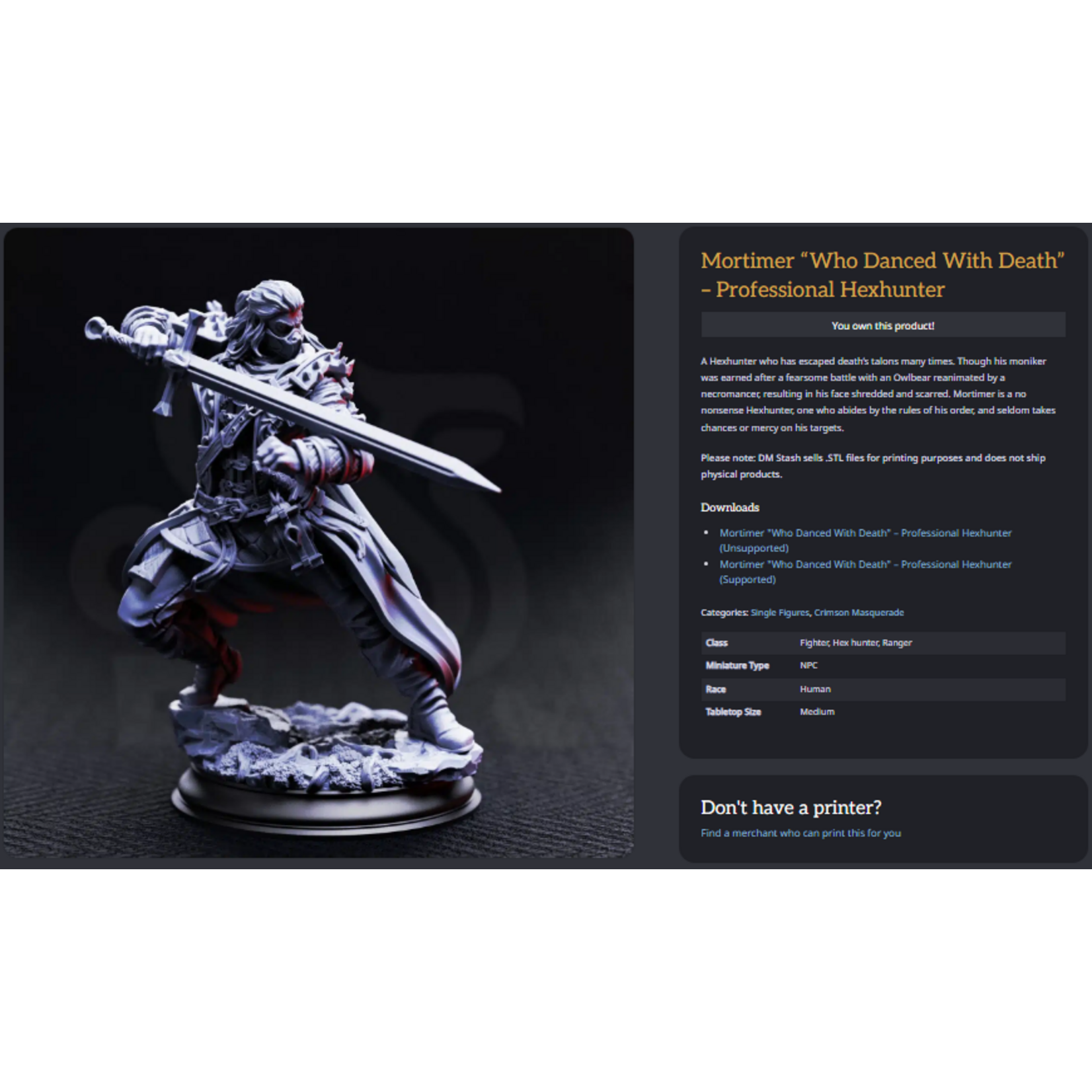 DM Stash 3D Printed Mini - Mortimer Who Danced With Death Professional Hexhunter - Medium