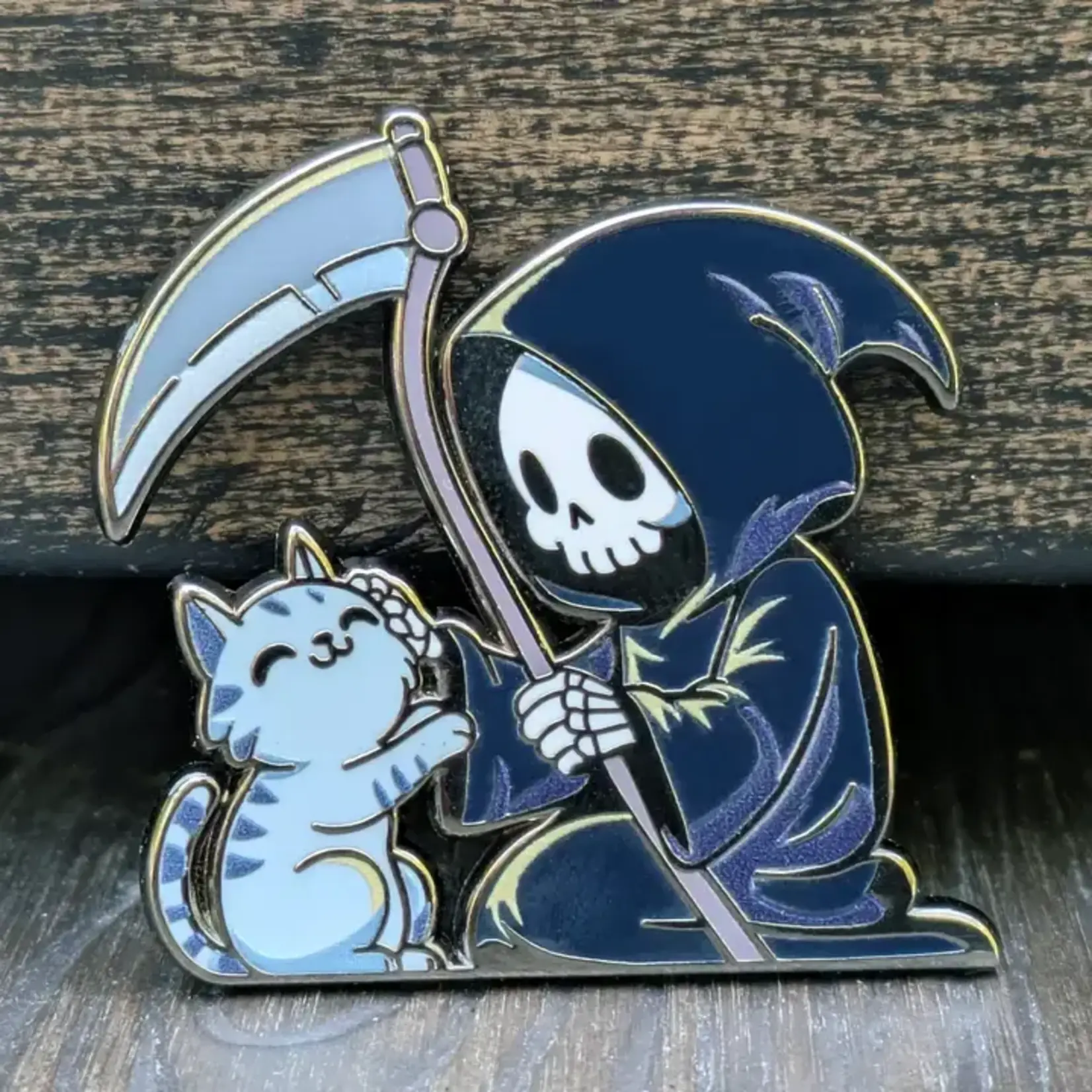 Mimic Gaming Co Enamel Pin - Grim Reaper Petting Cat