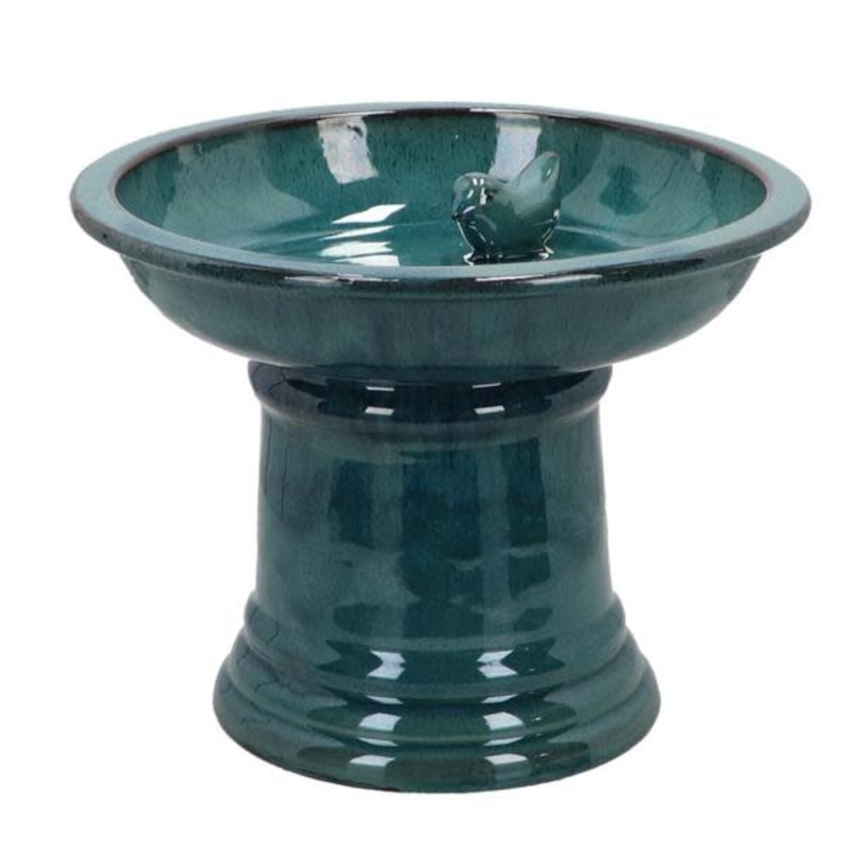 Teal Round Ceramic Bird Bath on Foot