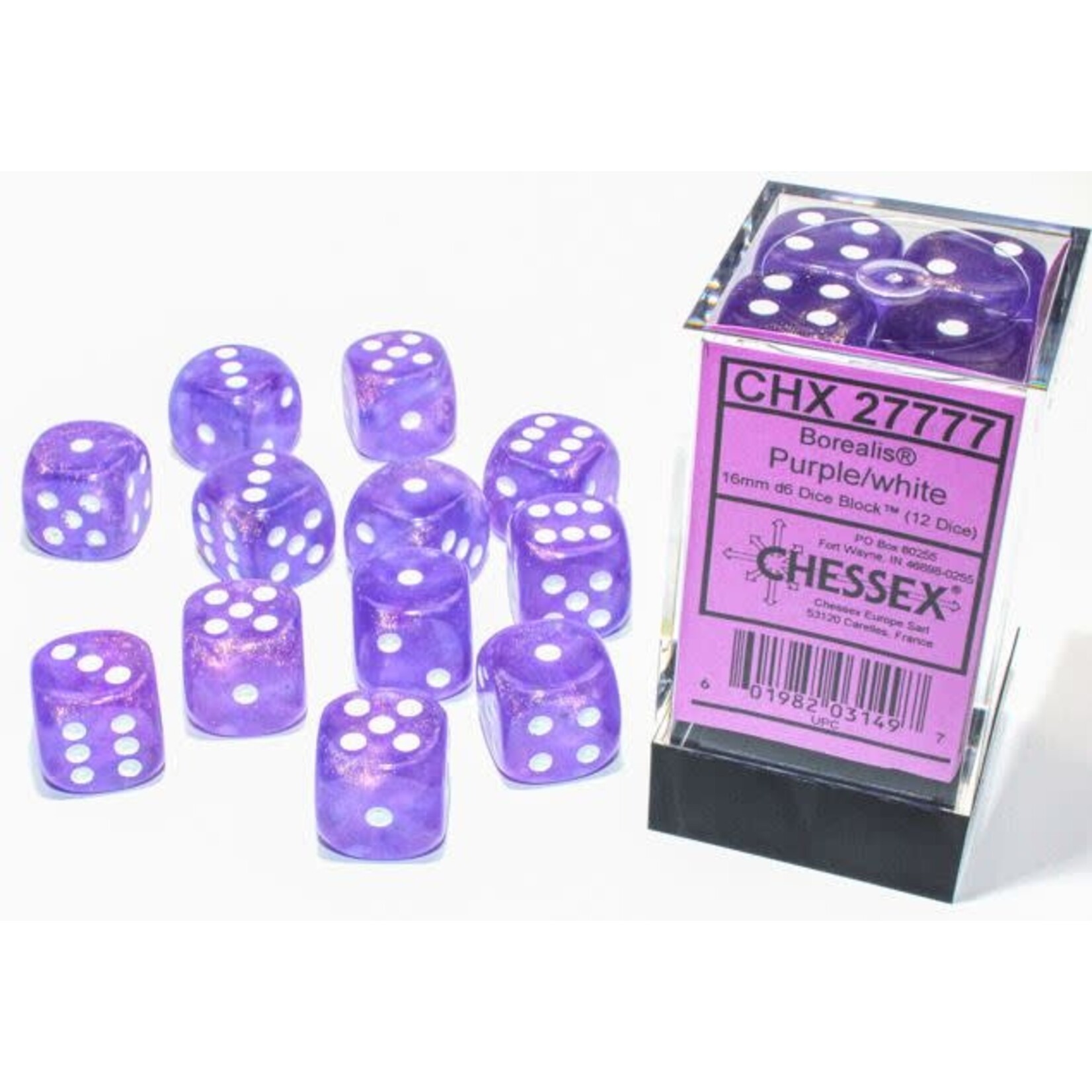 Chessex Borealis Dice: Purple / white | 16mm d6 Dice Block | 27777