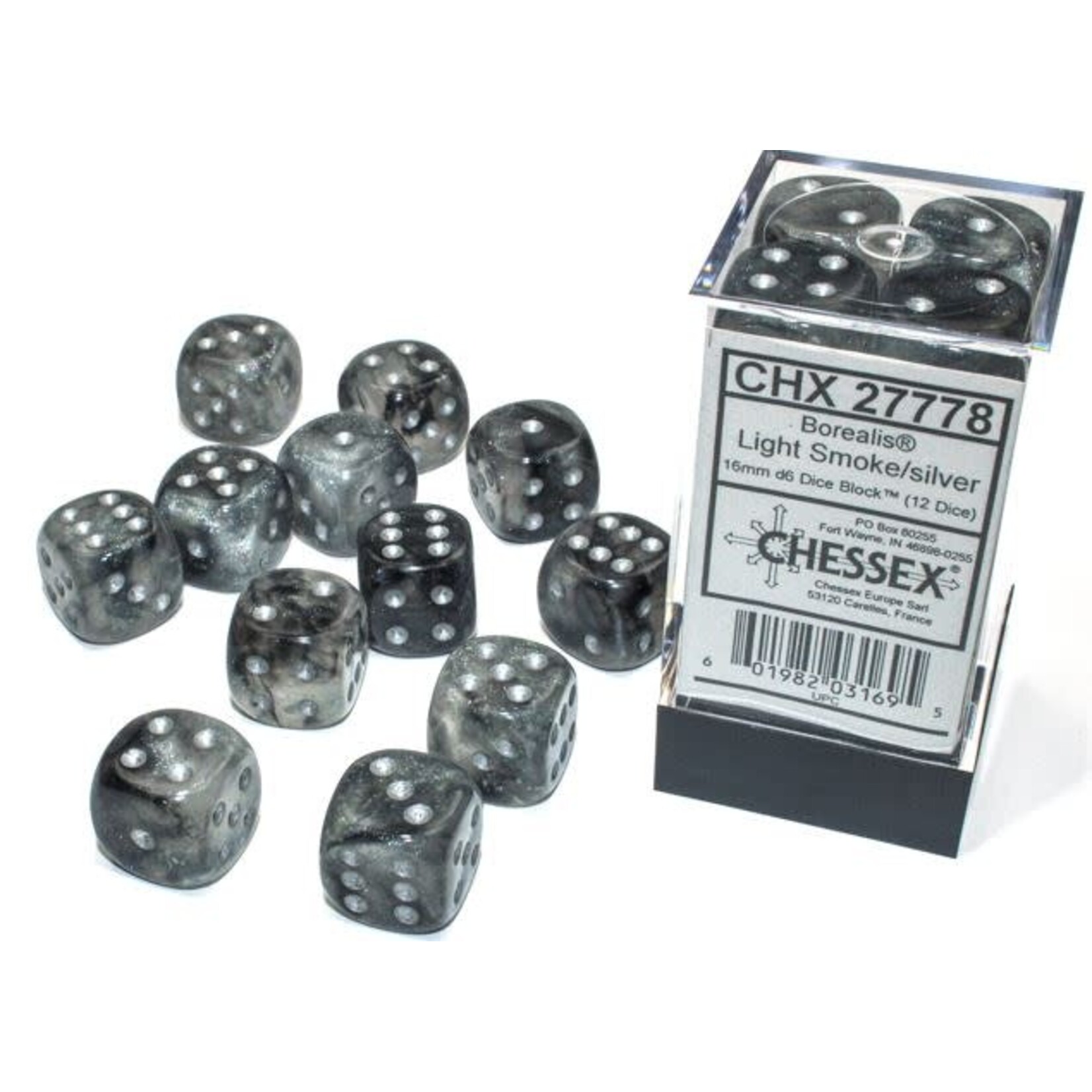 Chessex Borealis Dice: Light Smoke / Silver | 16mm d6 Dice Block | 27778