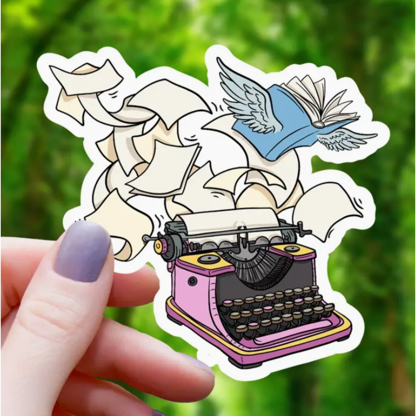 Mimic Gaming Co Sticker: Typewriter Flying Books - 3"