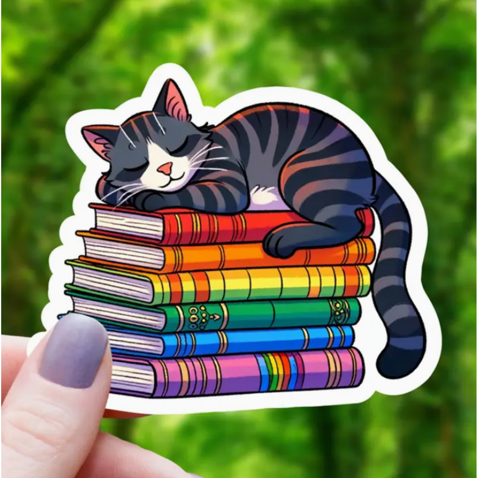 Mimic Gaming Co Sticker: Striped Cat on Books - 3"