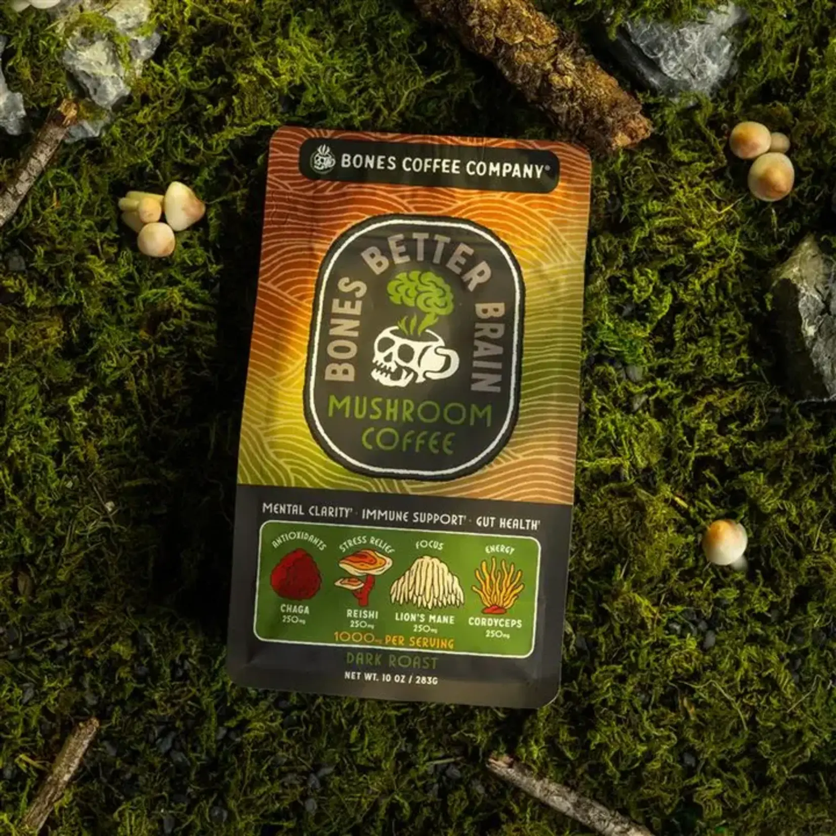 Bones Coffee: Better Brain Mushroom Dark Roast 12oz Ground Coffee