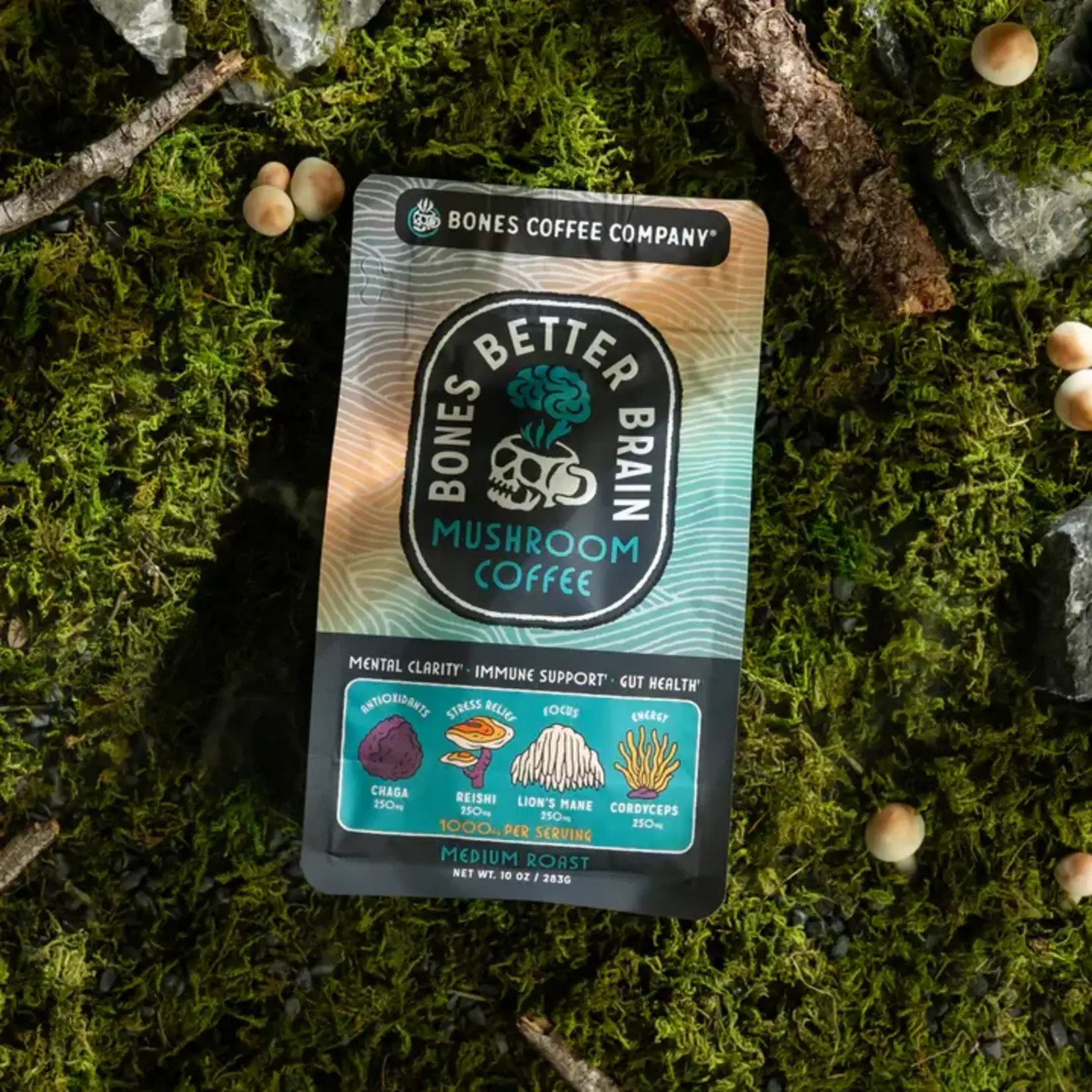 Bones Coffee: Better Brain Mushroom Medium Roast 12oz Ground Coffee