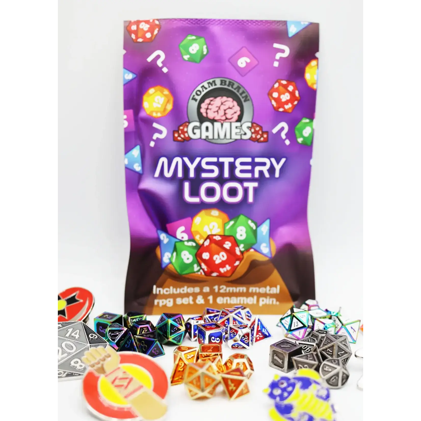 Foam Brain Dice: Epic Mystery Loot: Mini Metal RPG Set + Enamel Pin