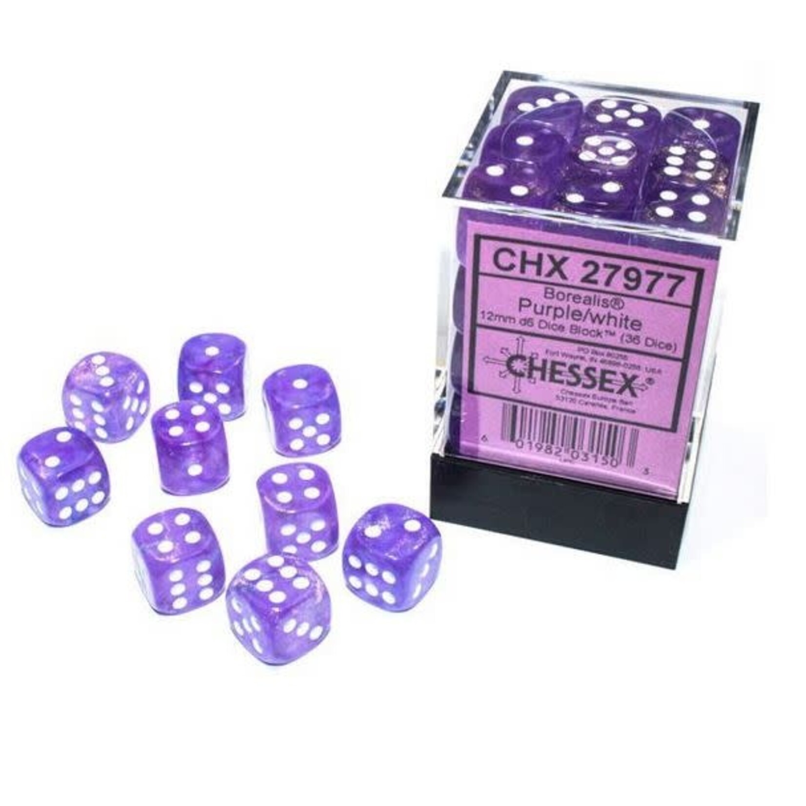 Chessex Borealis Dice: Luminary Purple with White | 12mm d6 Dice Block | 27977