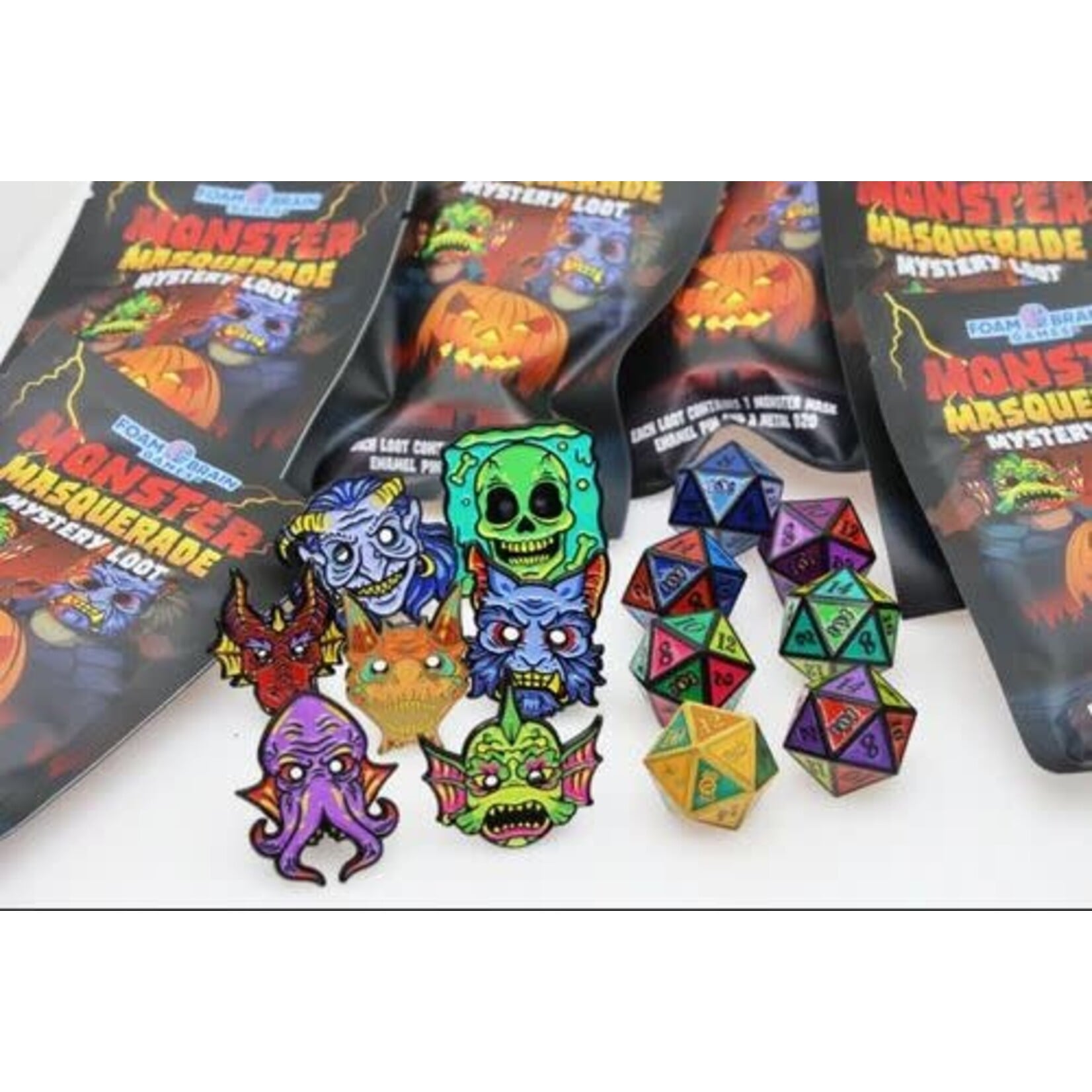 Foam Brain Dice: Mystery Loot: Monster Masquerade Metal D20 + Enamel Pin