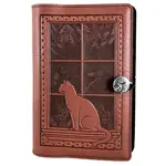 Oberon Design Refillable Leather Journal - Cat in Window - Saddle - 5x7