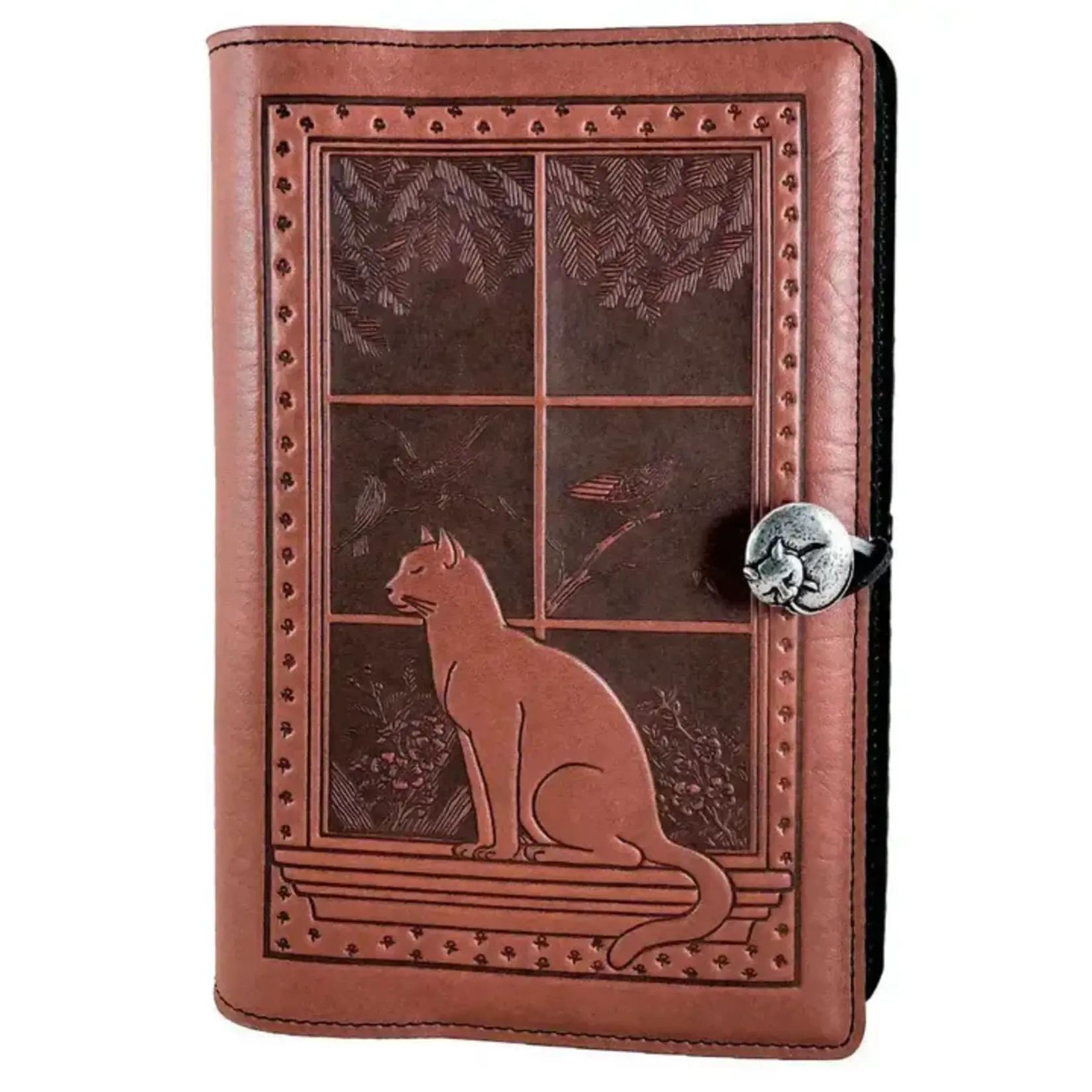 Oberon Design Refillable Leather Journal - Cat in Window - Saddle - 5x7