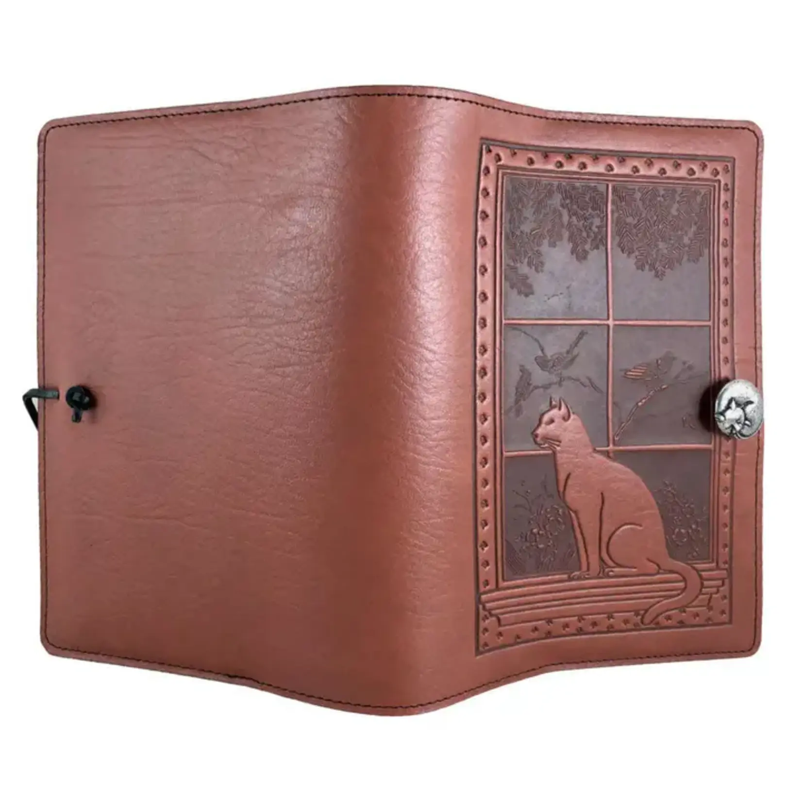 Oberon Design Refillable Leather Journal - Cat in Window - Saddle - 5x7