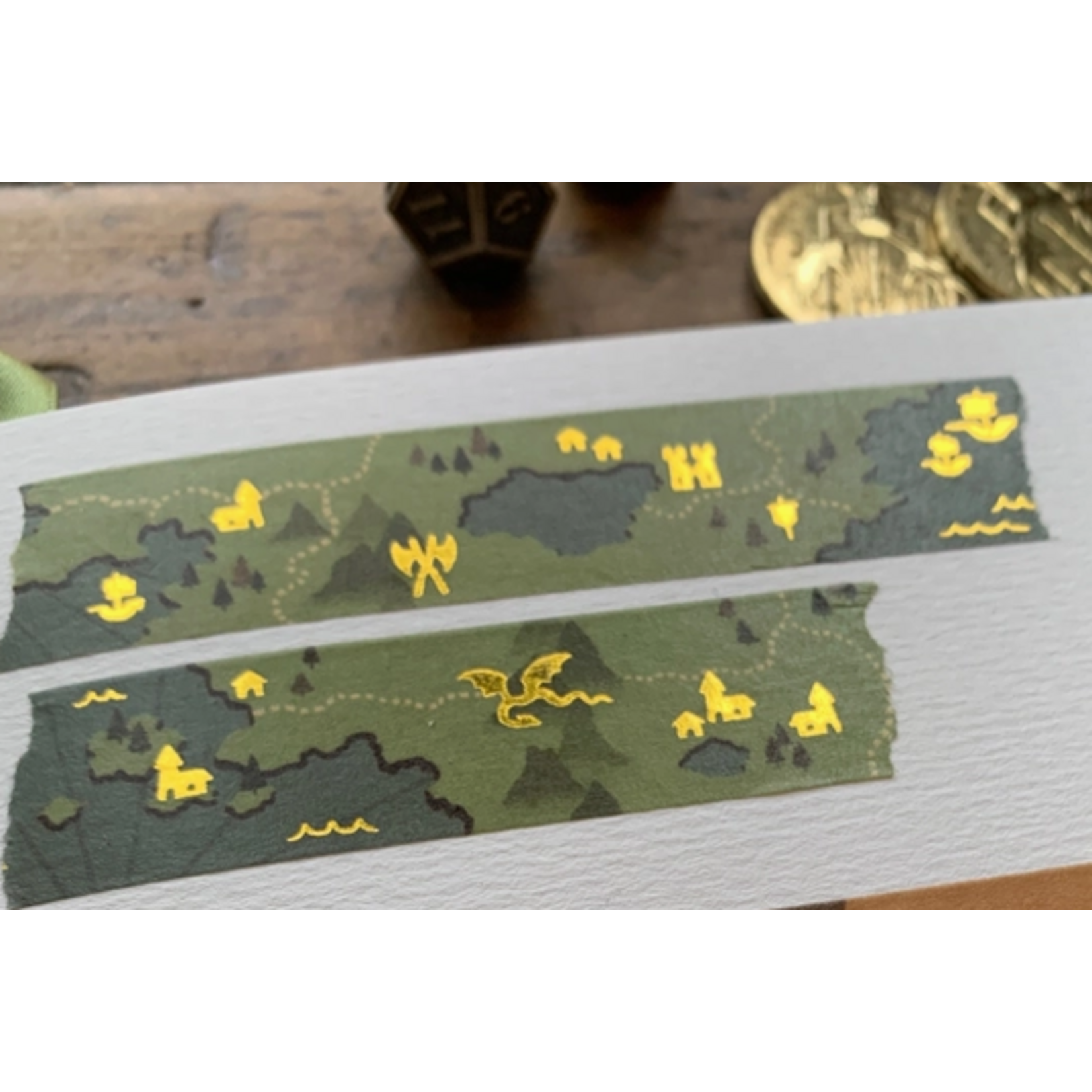 The Creeping Moon Washi Tape - Fantasy Maps - Gold Foil - Green - 20 mm