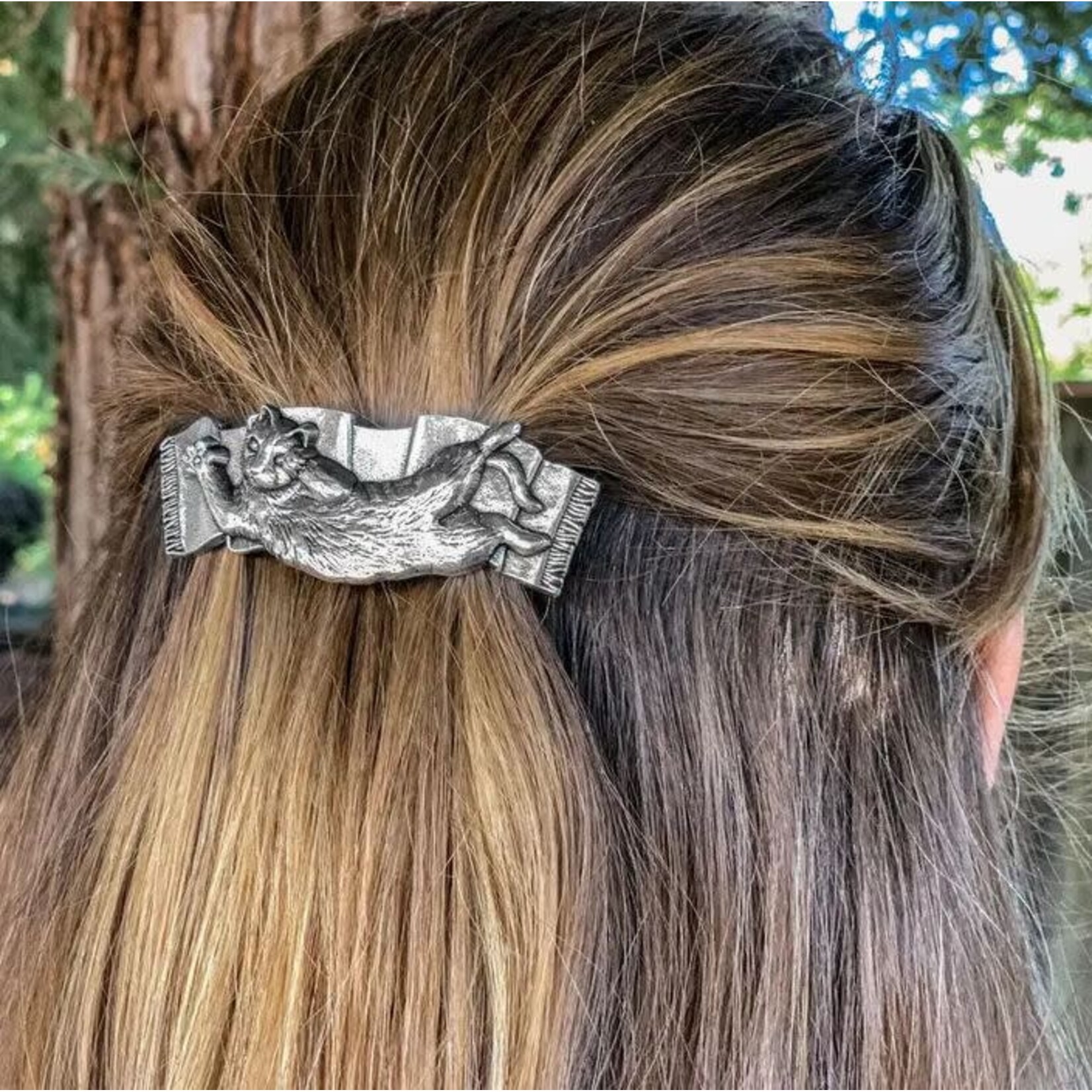 Oberon Design Barrette - Britannia Metal - Playful Cat - 70mm