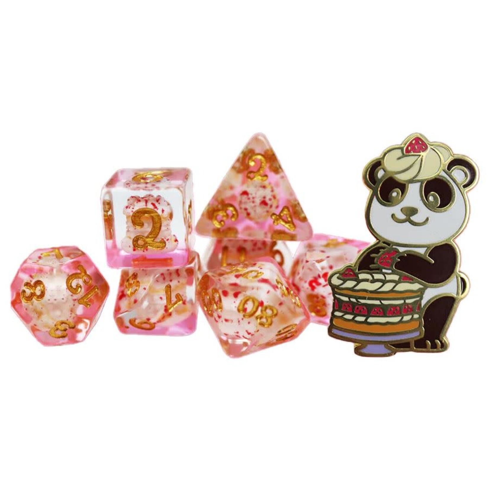 Pastry Pets: Strawberry Shortcake Panda: Pin & 7 Polyhedral Dice Set