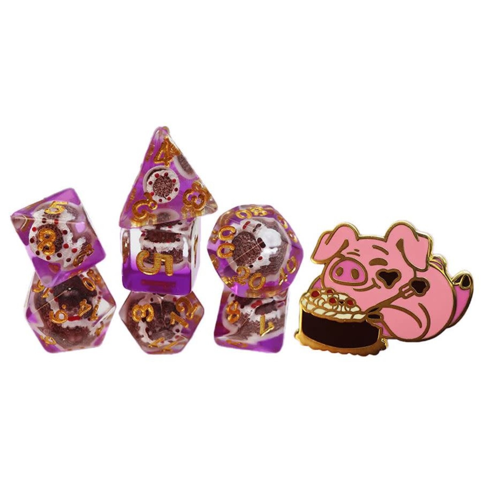 Pastry Pets: Chocolate Cake Piggy: Pin & 7 Polyhedral Dice Set