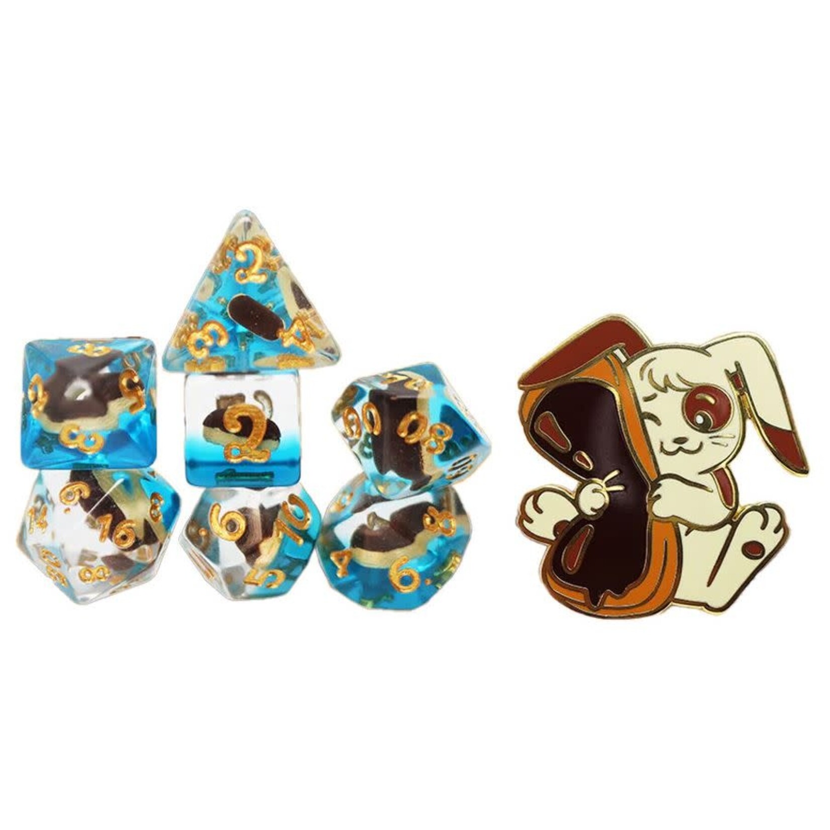 Pastry Pets: Eclair Rabbit: Pin & 7 Polyhedral Dice Set