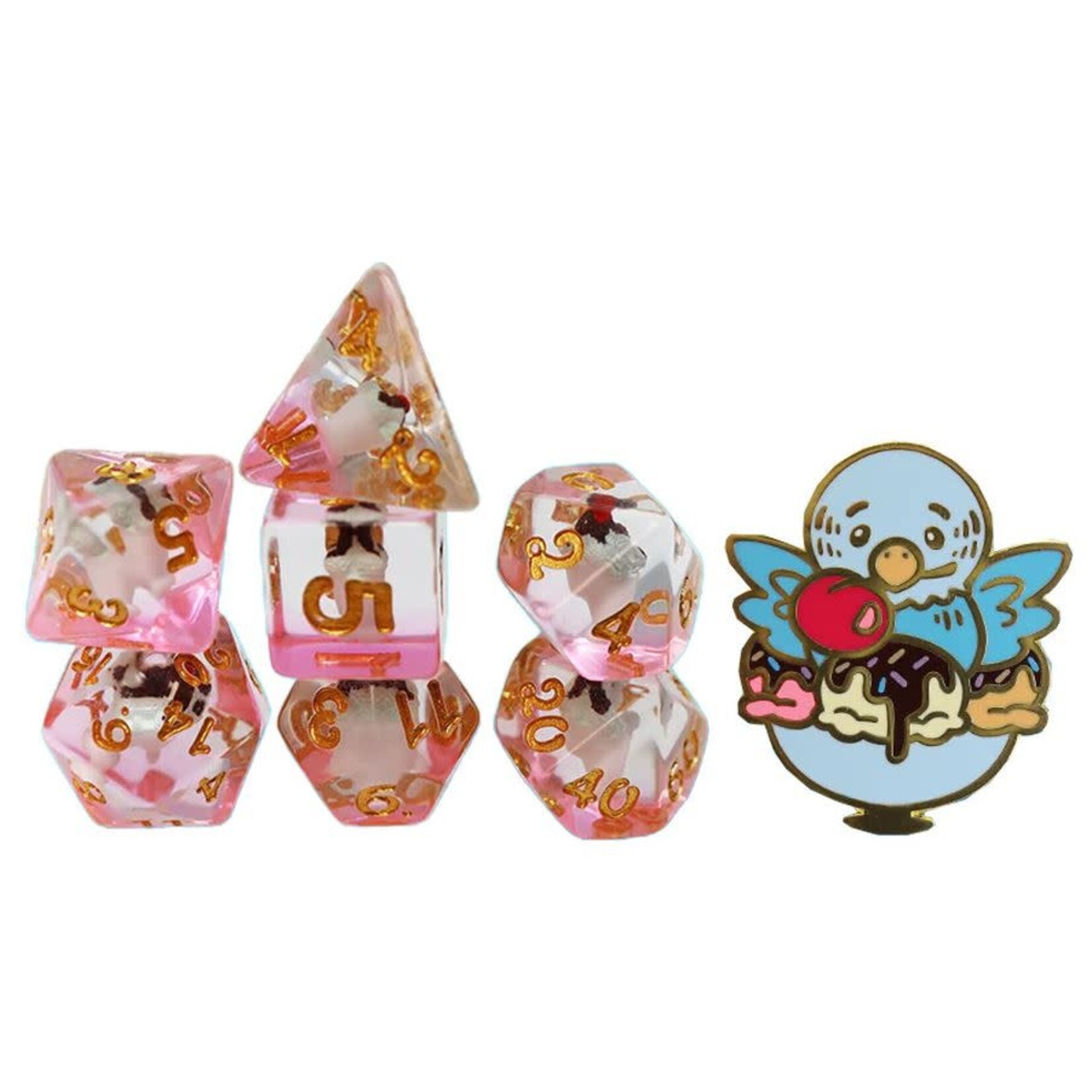 Pastry Pets: Ice Cream Sundae Budgie: Pin & 7 Polyhedral Dice Set
