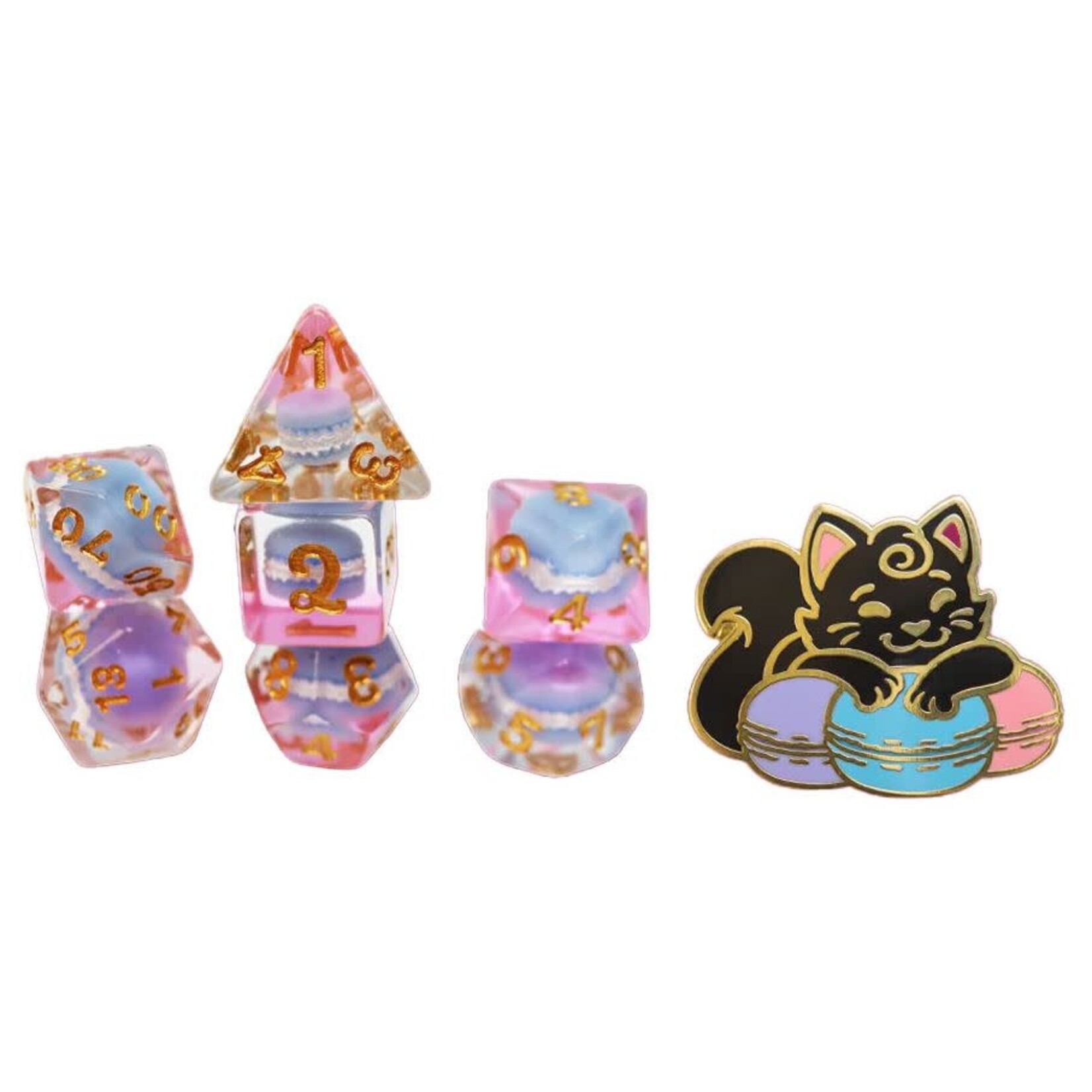 Pastry Pets: Macaron Cat: Pin & 7 Polyhedral Dice Set