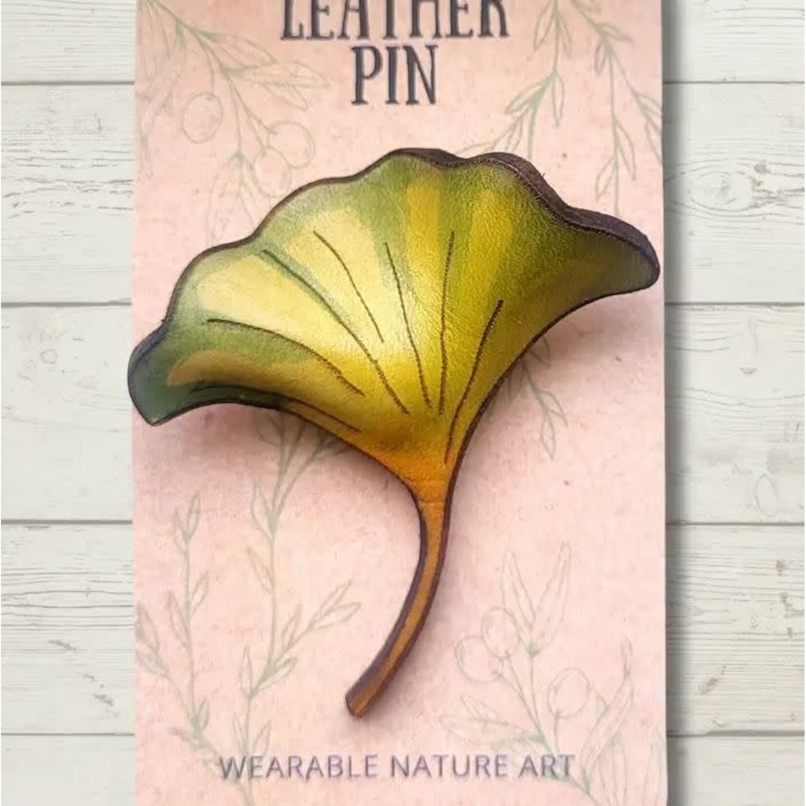 Wyrd & Witchy Art Leather Pin - Gingko Leaf - Green