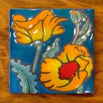 Carly Quinn Designs Art Tile - Desert Poppy Bloom - Blue Background