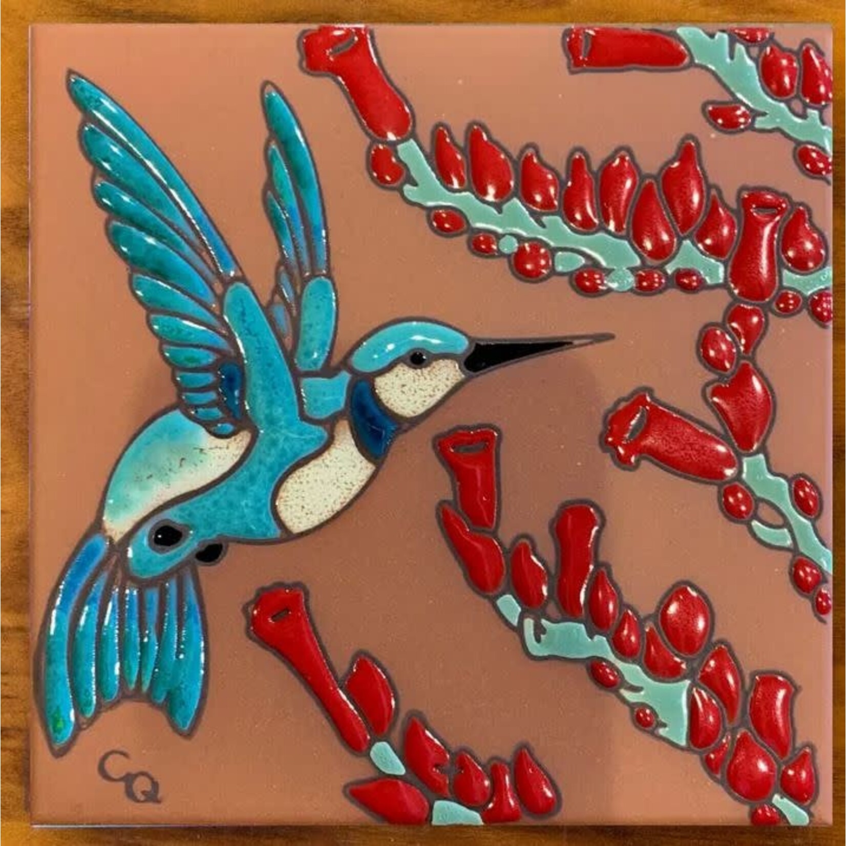 Carly Quinn Designs Art Tile - Hummingbird with Ocotillo - Terra Cotta