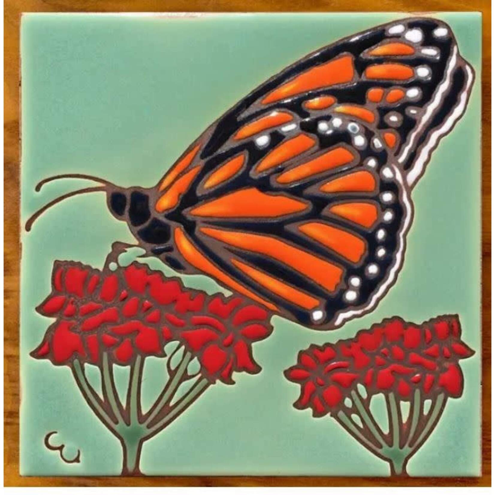 Carly Quinn Designs Art Tile - Monarch with Milkweed - Green Background