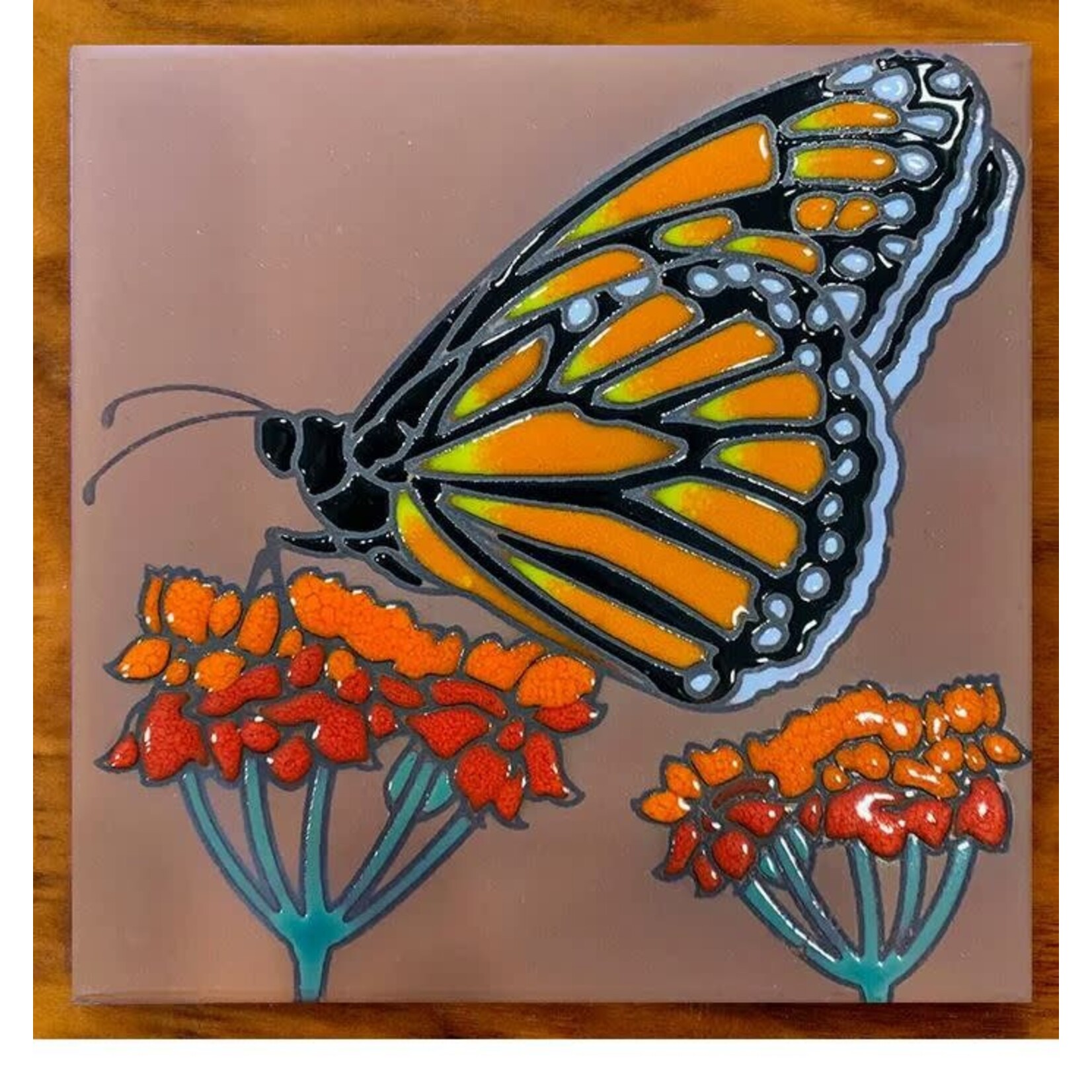 Carly Quinn Designs Art Tile - Monarch with Milkweed - Terra Cotta Background