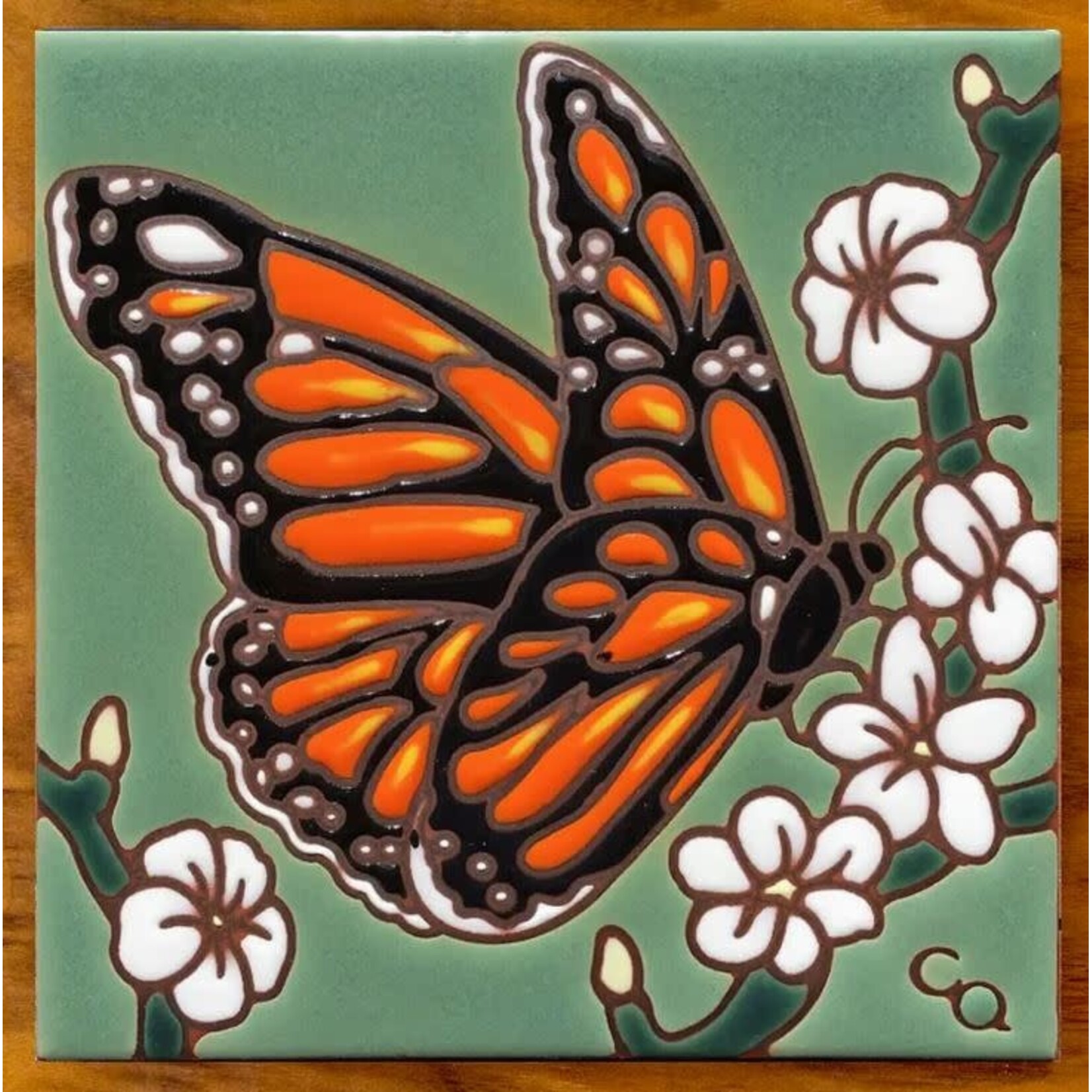 Carly Quinn Designs Art Tile - Monarch with White Flowers - Green Background