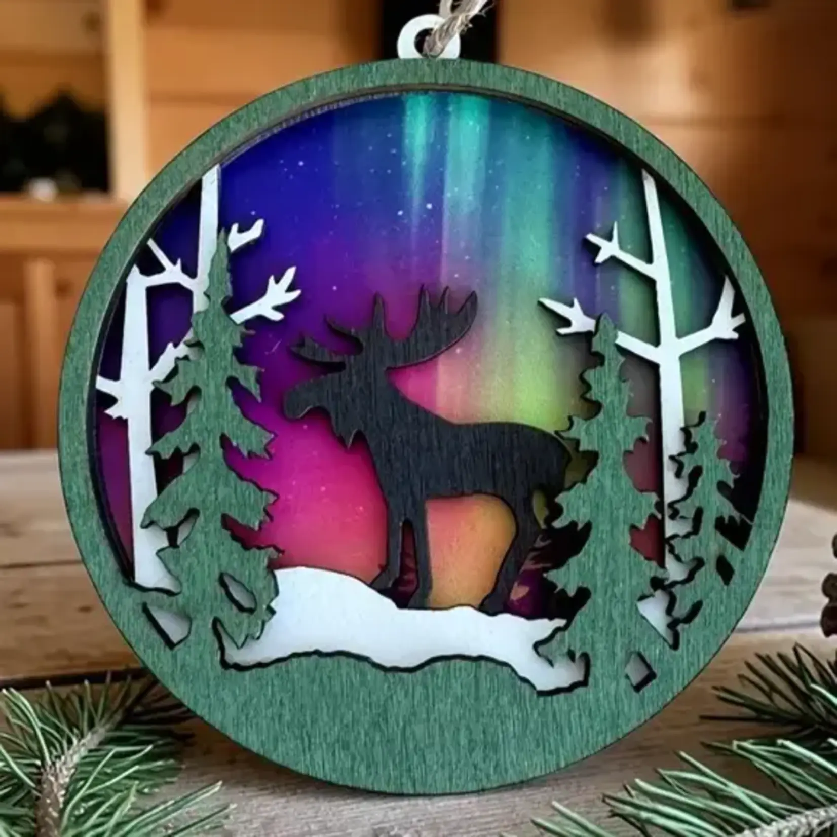 Ornament - Northern Lights Moose - Round
