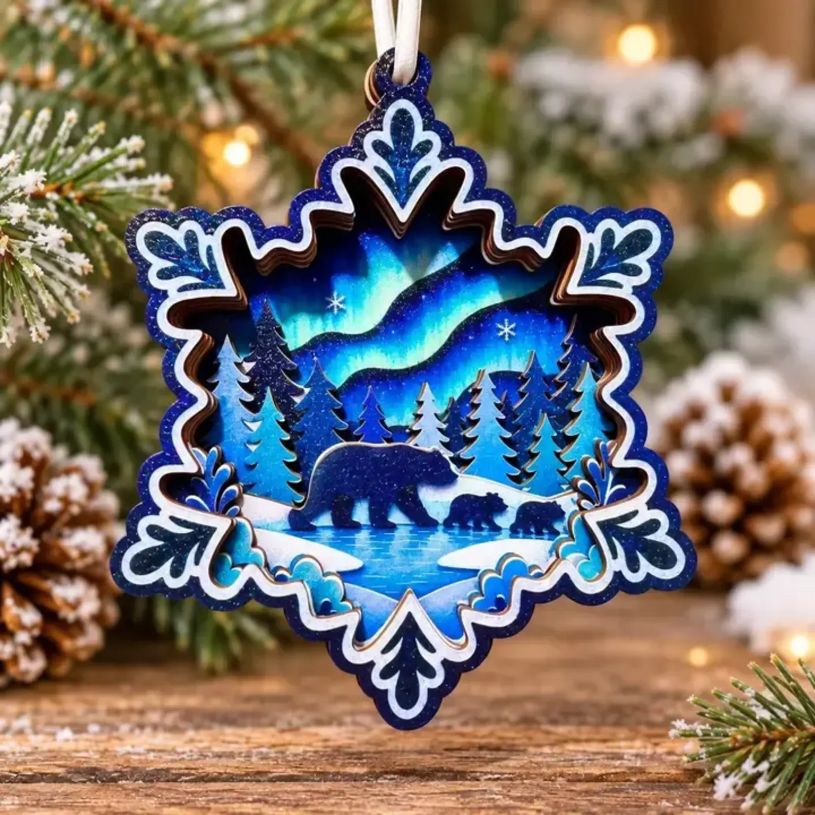 Ornament - Snowflake Northern Lights Bear
