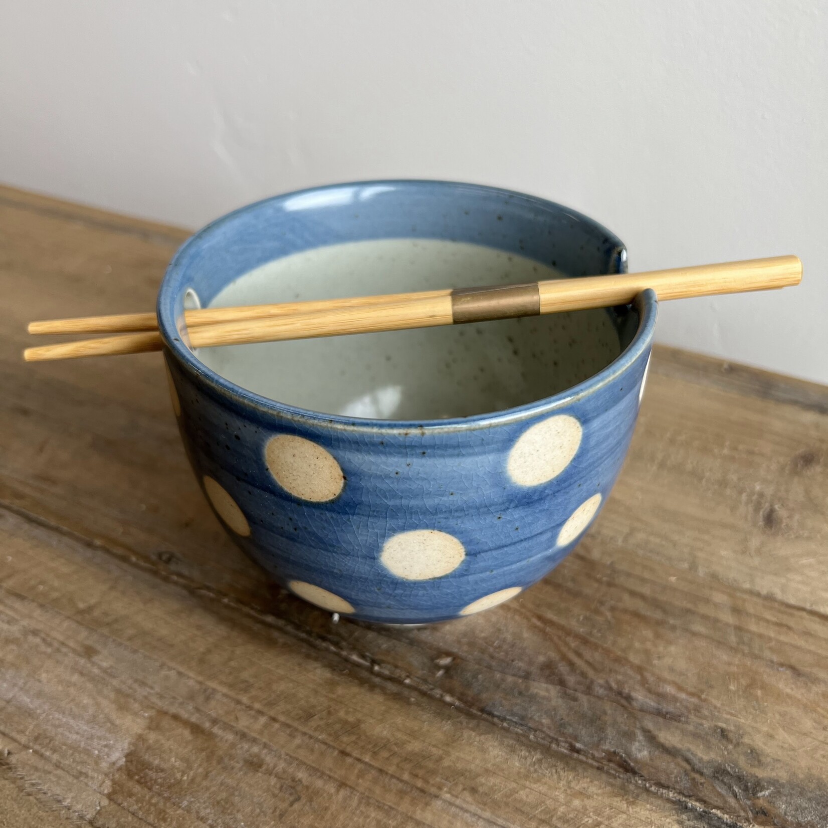 Blue Polka Dot Stoneware Bowl w/ Chopsticks