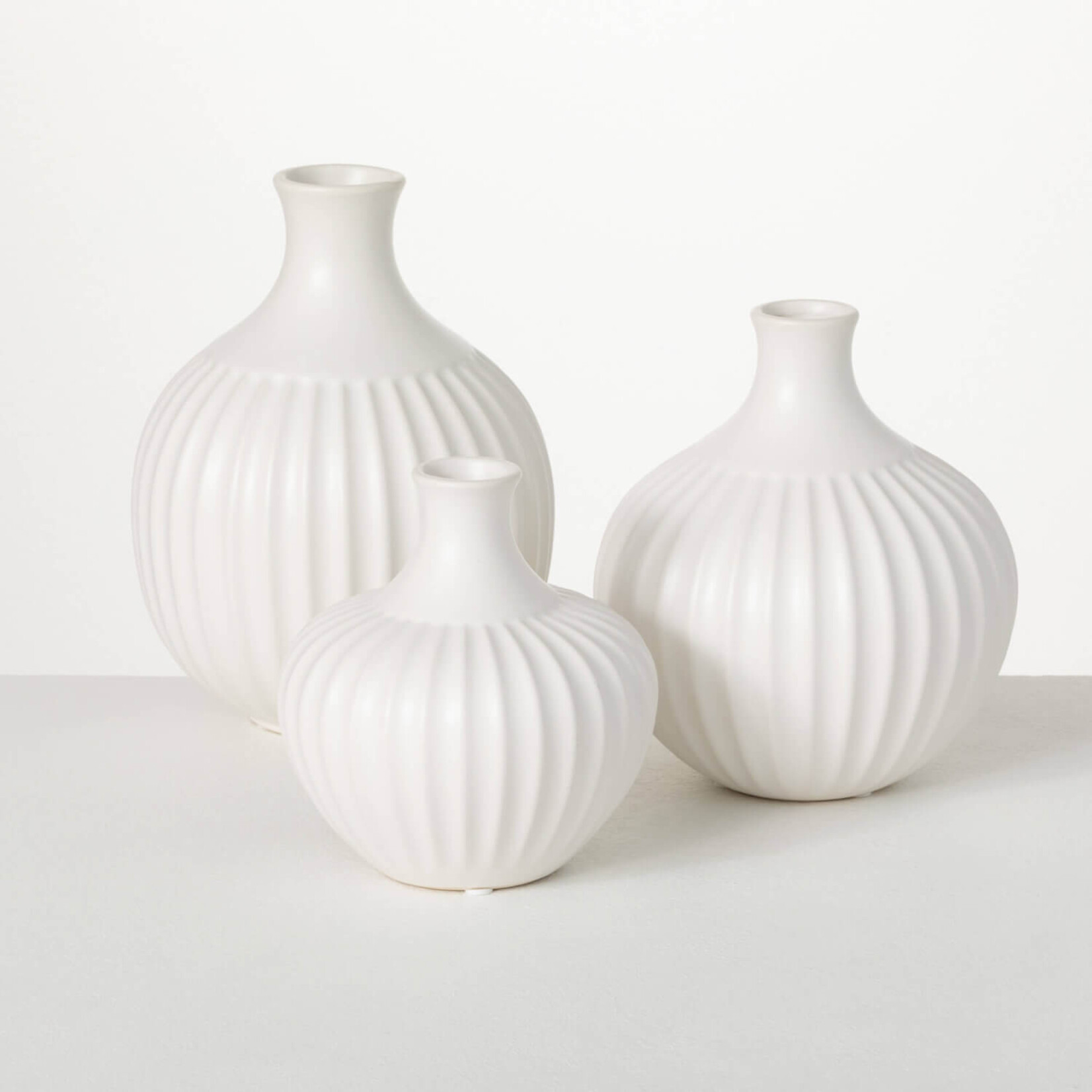White Ribbed Vase, 7"