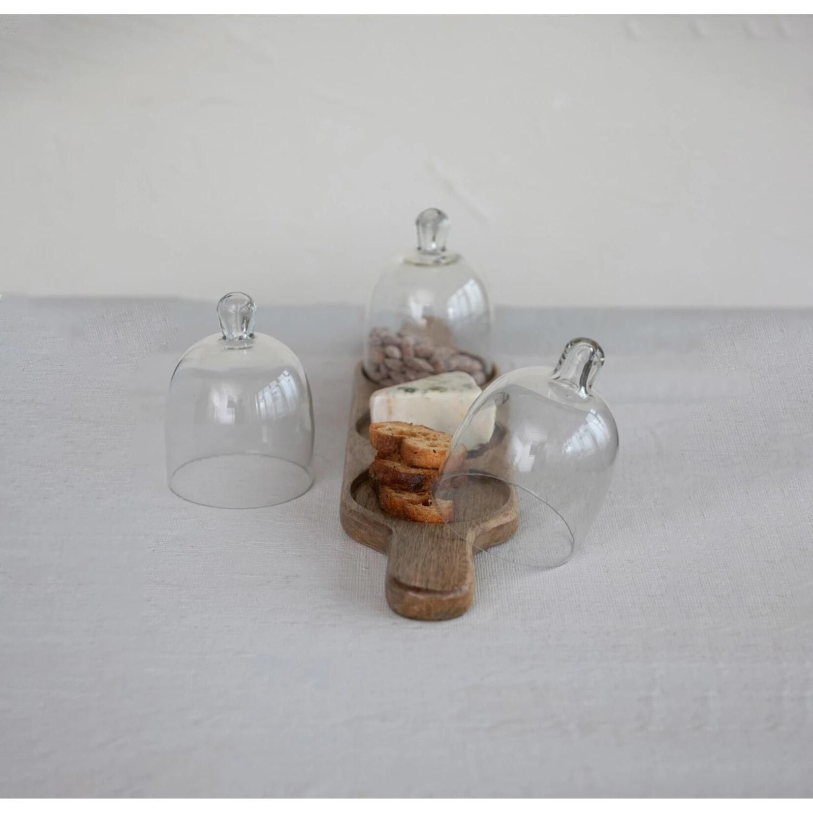 Wood Serving Tray w/ 3 Glass Cloches