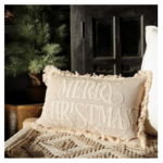 Beige "Merry Christmas" Pillow, 20 x 12"