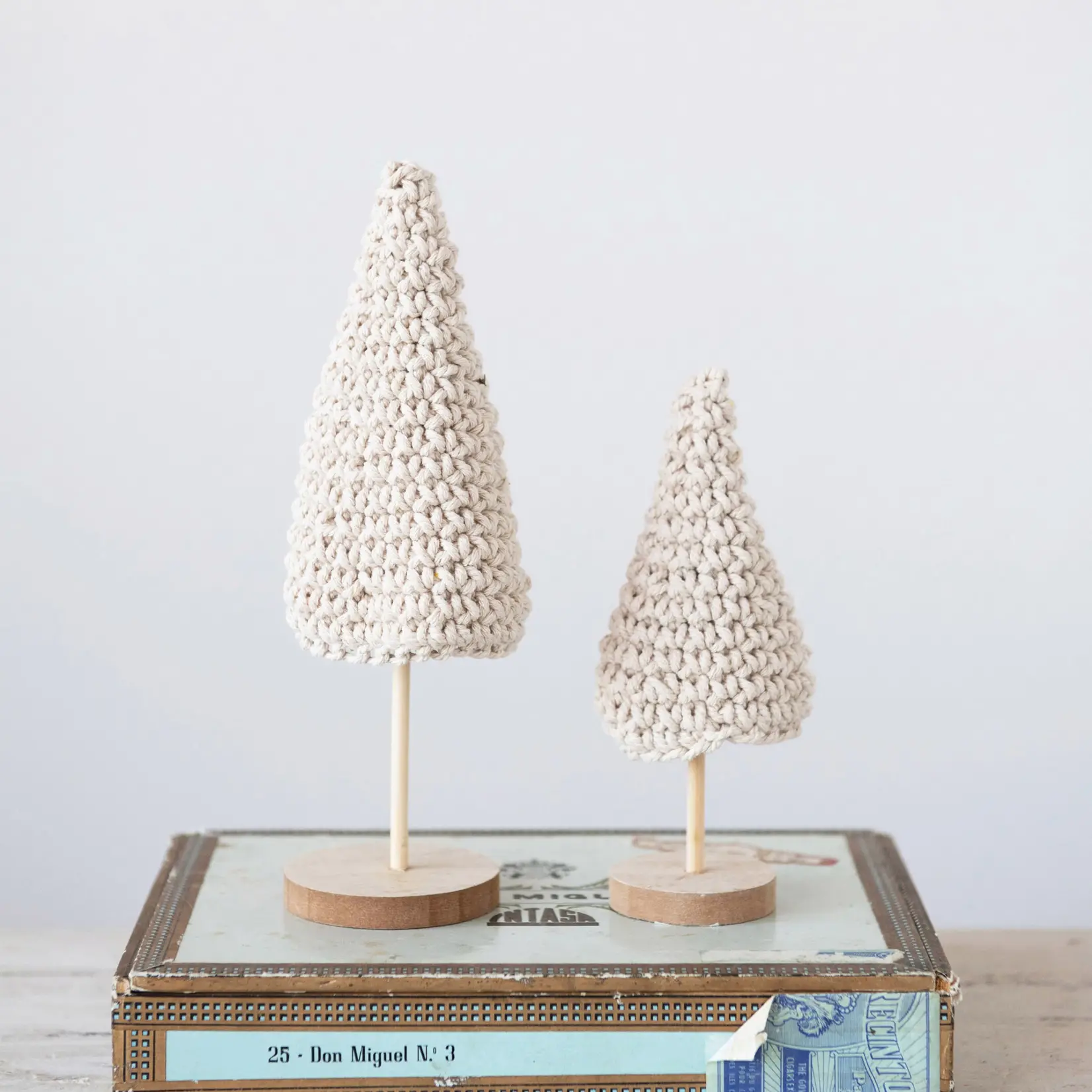 Cream Crocheted Trees On Wood Base, Set Of 2