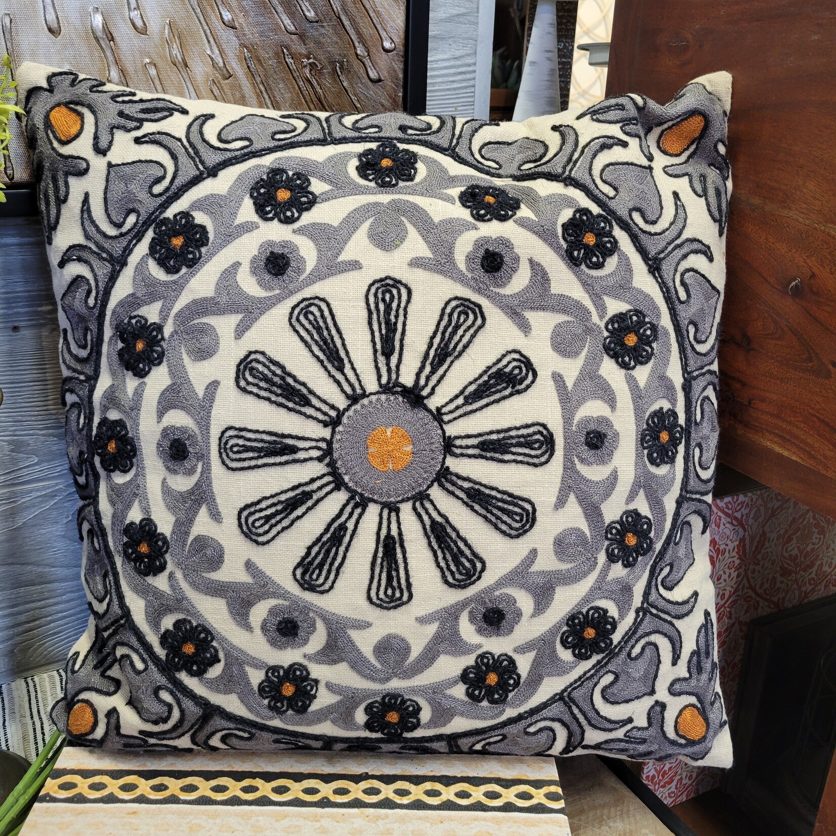 Square Cotton Pillow w/ Suzani Embroidery, 18"