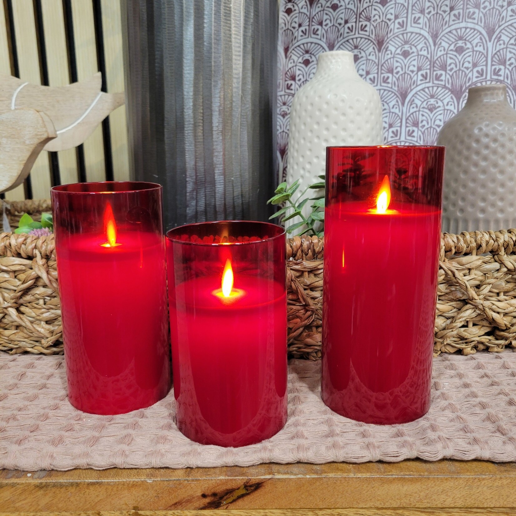 Glass  Pillar Candle, Red - Set Of 3