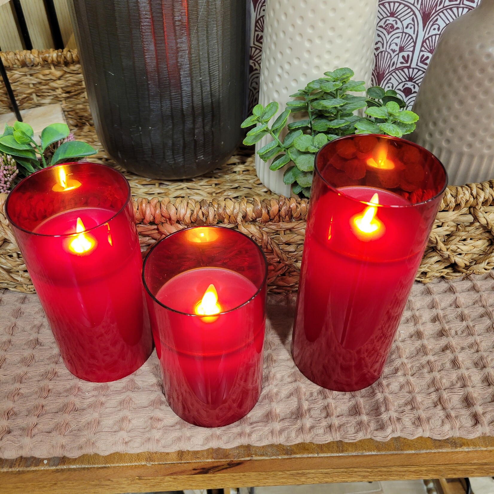Glass  Pillar Candle, Red - Set Of 3