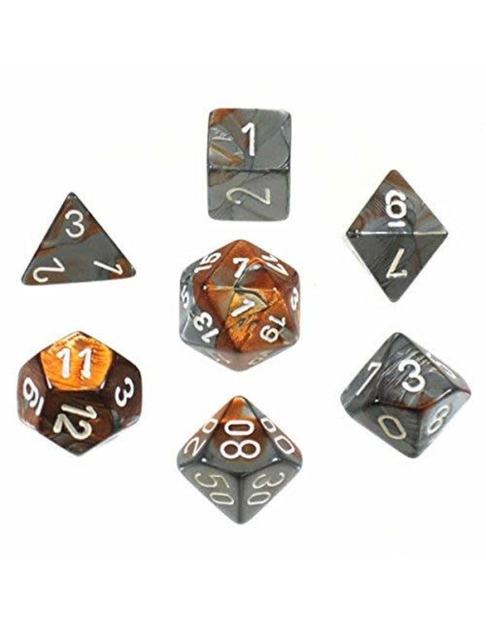 Chessex Copper-Steel w/white Gemini Poly 7 dice set