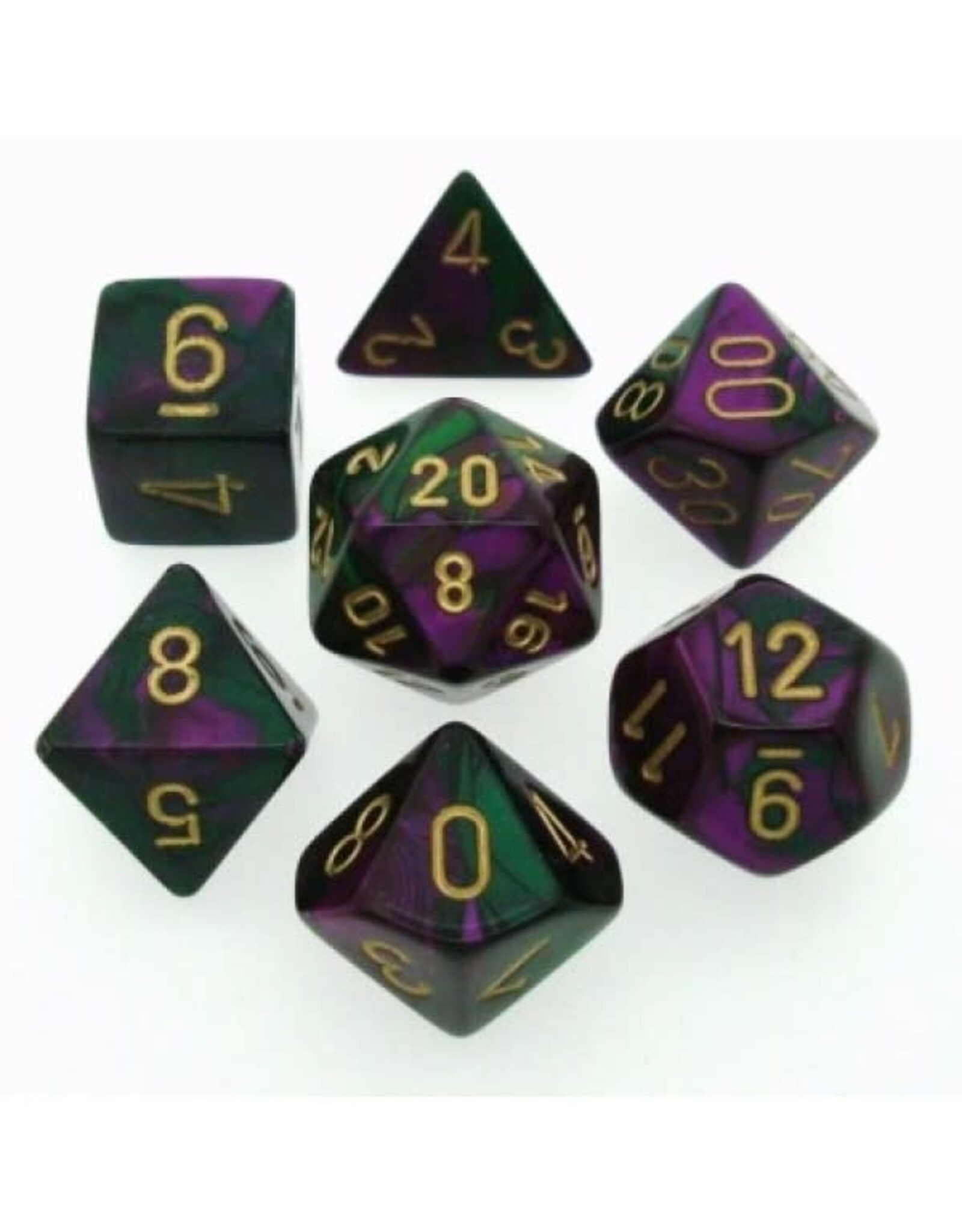 Chessex Gemini Green-Purple w/gold poly 7 dice set