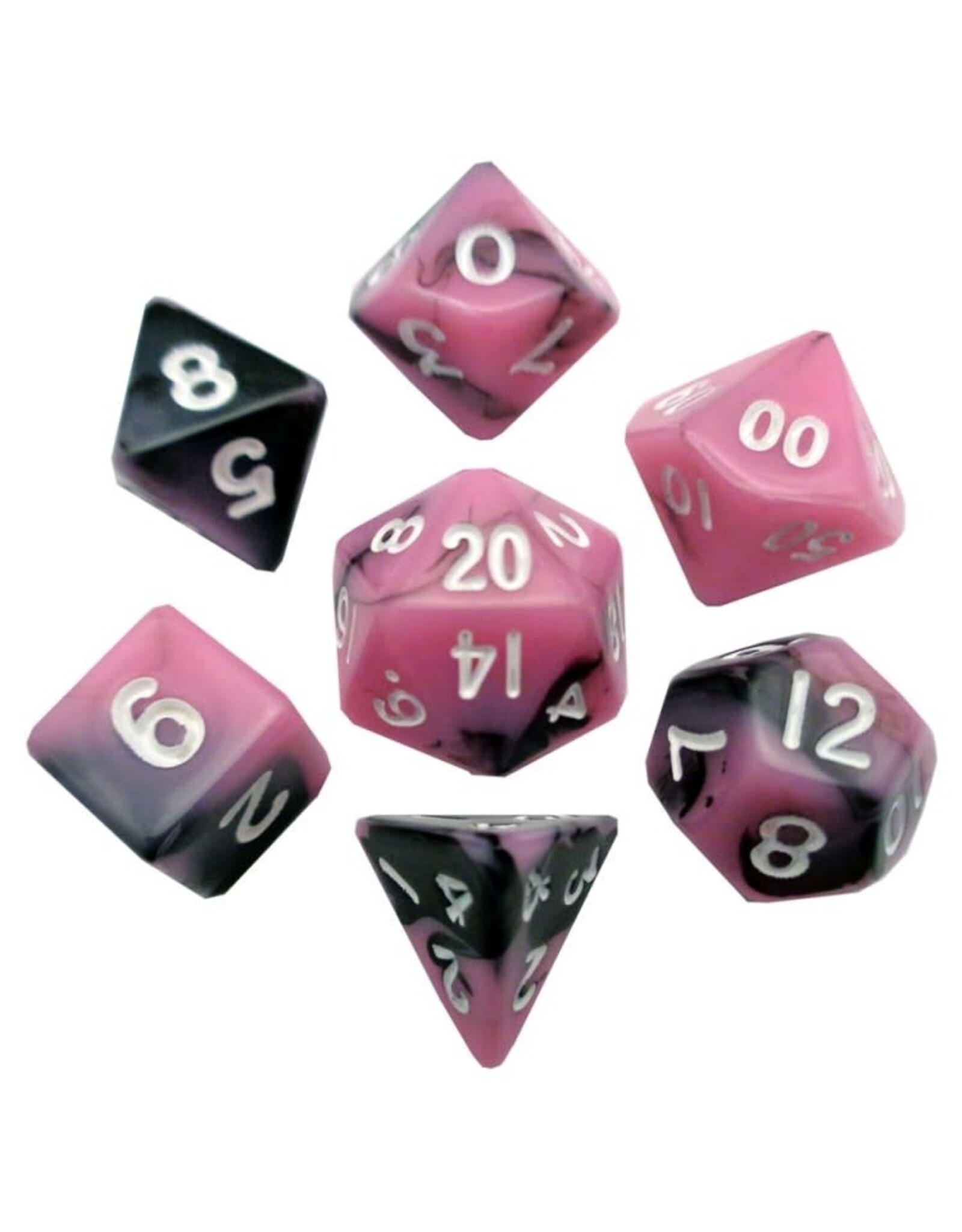 Metallic Dice Games Mini Poly 7 dice set: Pink/black with White 10mm